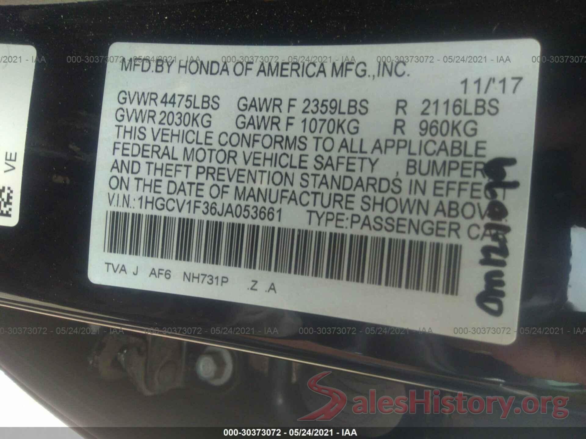 1HGCV1F36JA053661 2018 HONDA ACCORD SEDAN