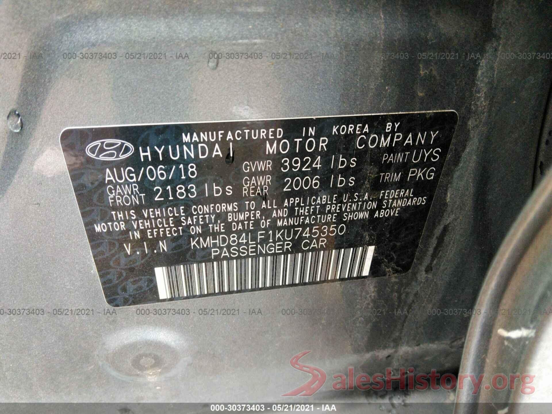 KMHD84LF1KU745350 2019 HYUNDAI ELANTRA