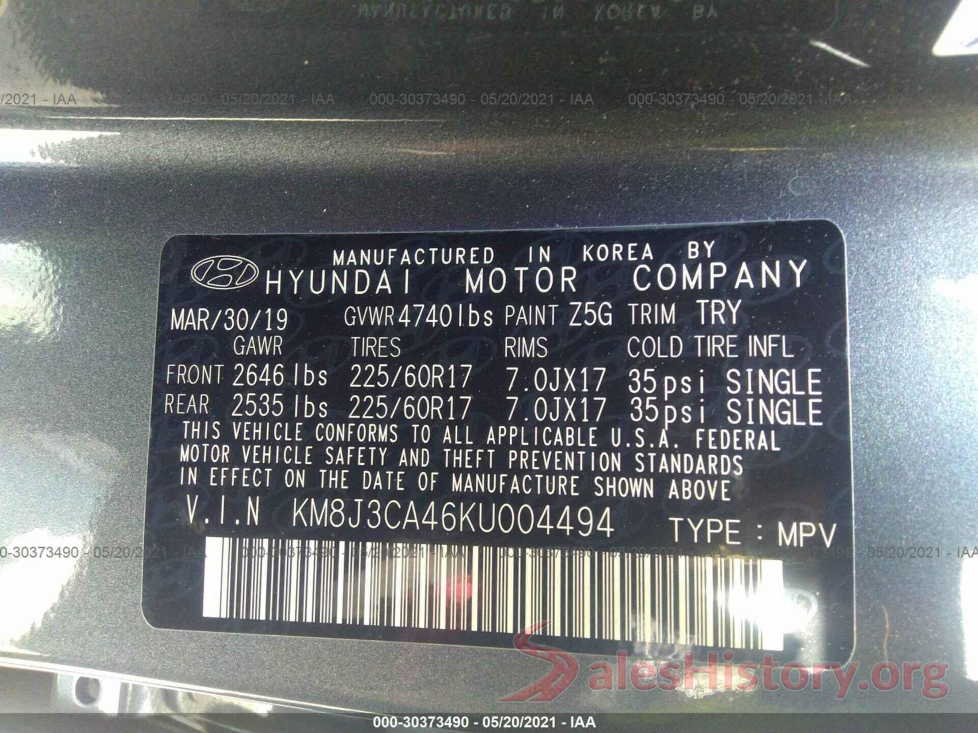 KM8J3CA46KU004494 2019 HYUNDAI TUCSON