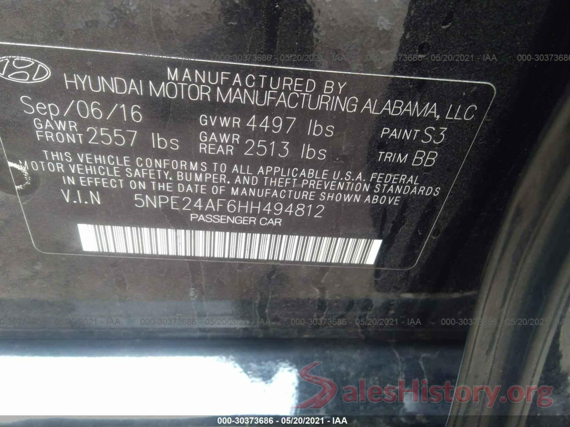 5NPE24AF6HH494812 2017 HYUNDAI SONATA