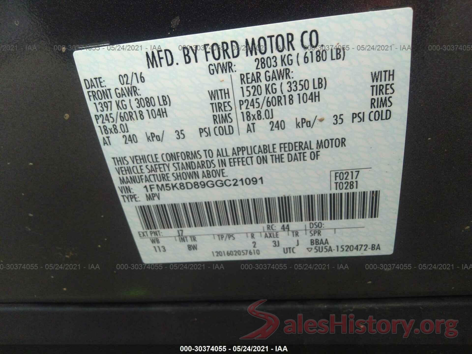 1FM5K8D89GGC21091 2016 FORD EXPLORER