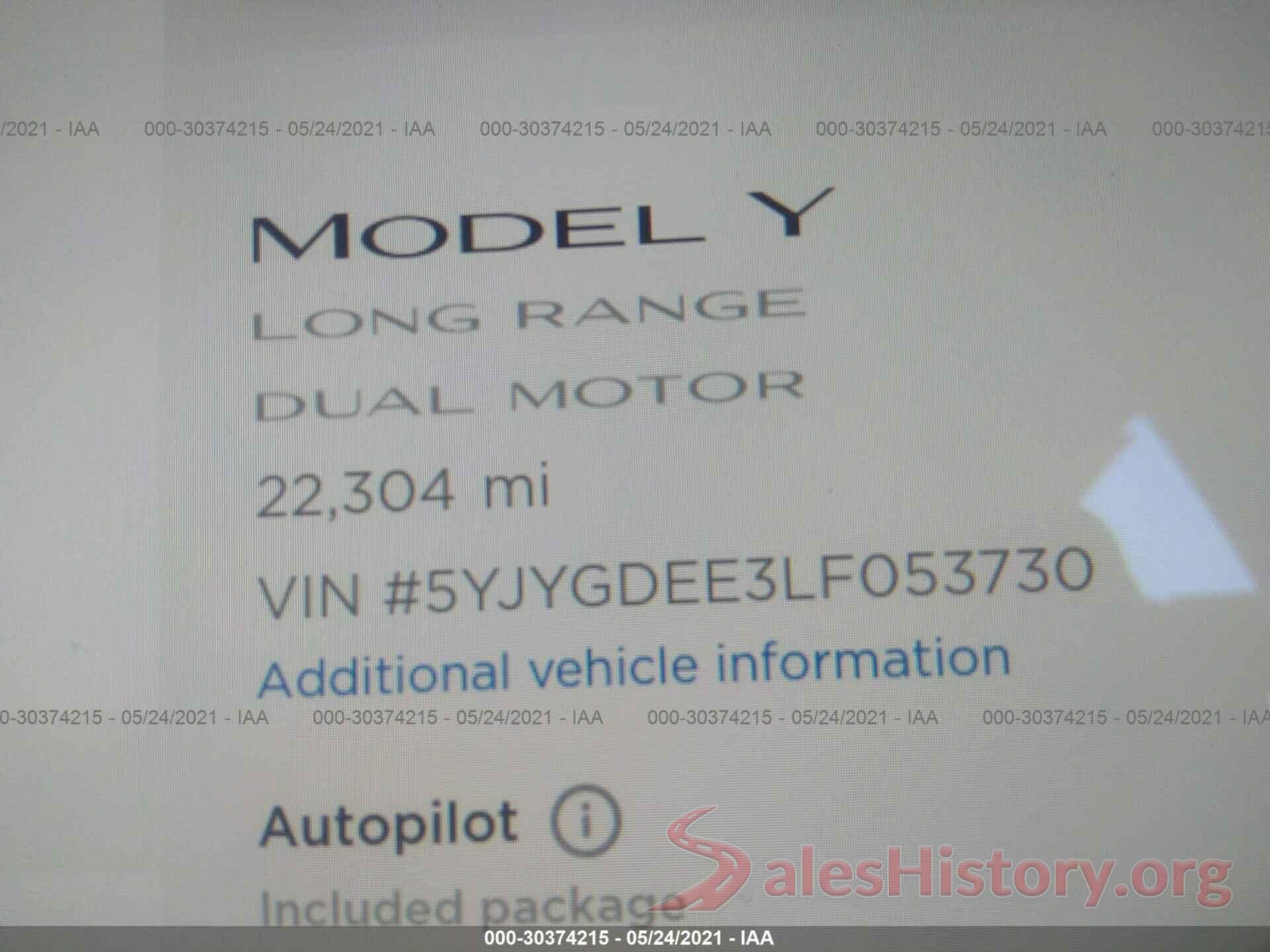 5YJYGDEE3LF053730 2020 TESLA MODEL Y