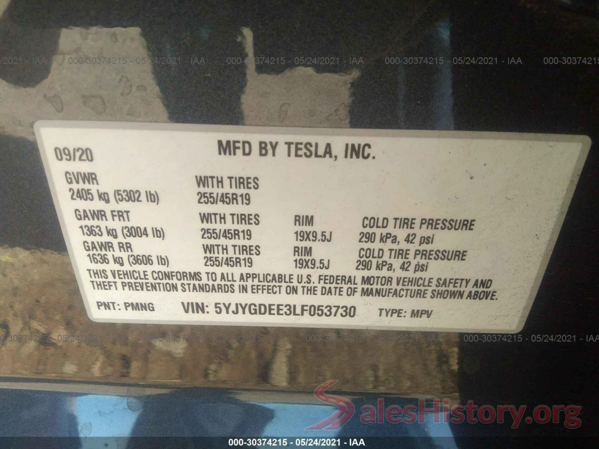 5YJYGDEE3LF053730 2020 TESLA MODEL Y