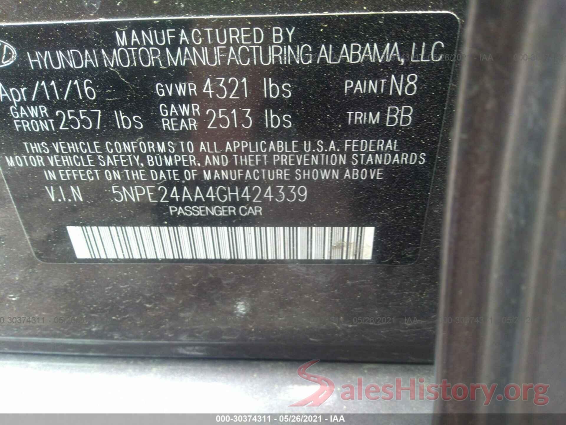 5NPE24AA4GH424339 2016 HYUNDAI SONATA