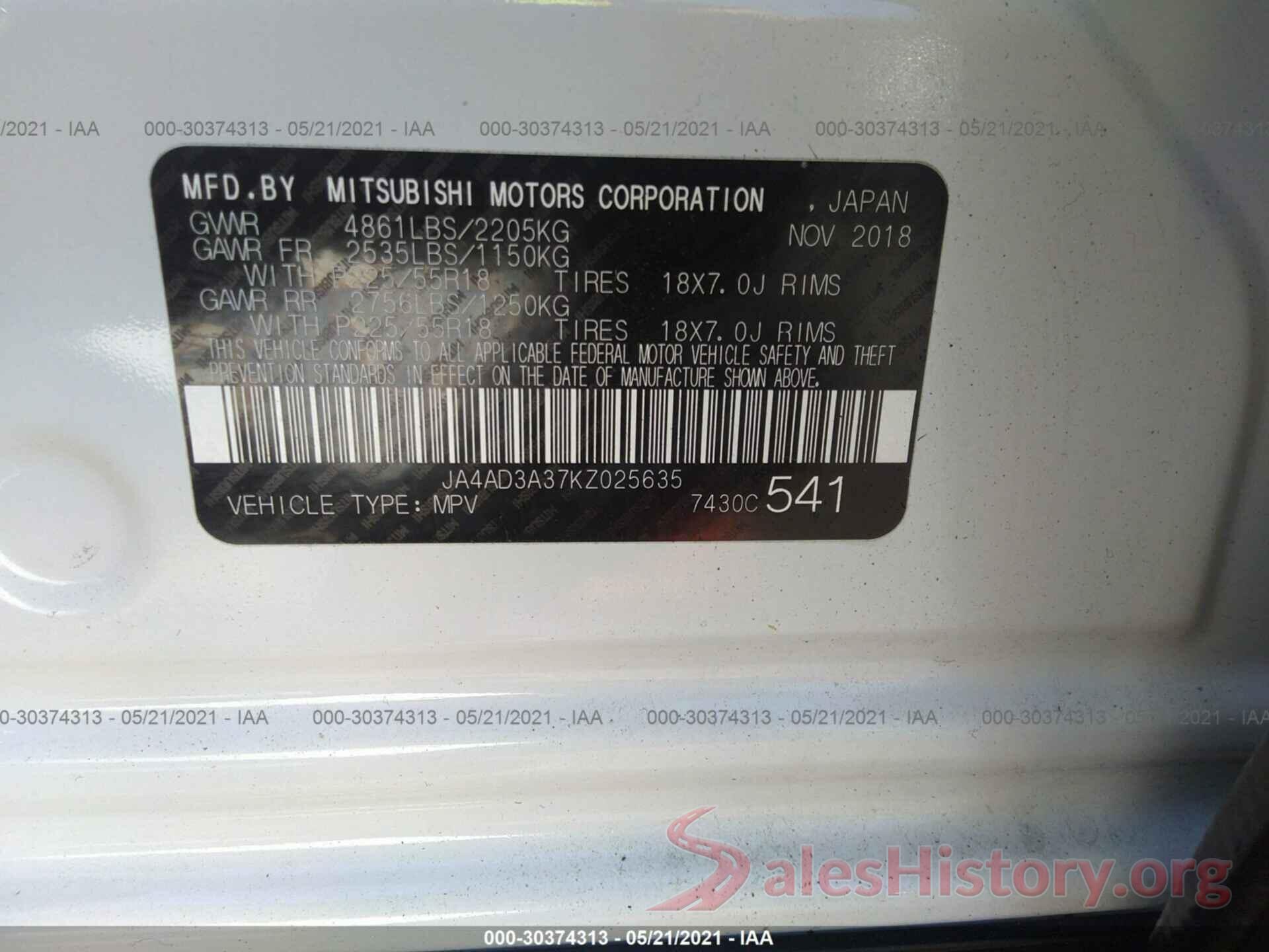 JA4AD3A37KZ025635 2019 MITSUBISHI OUTLANDER