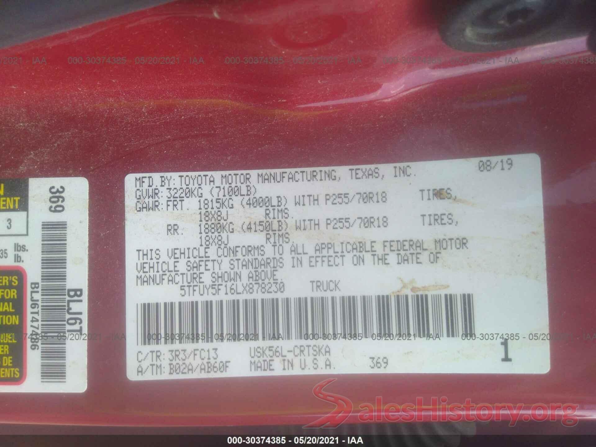 5TFUY5F16LX878230 2020 TOYOTA TUNDRA 4WD