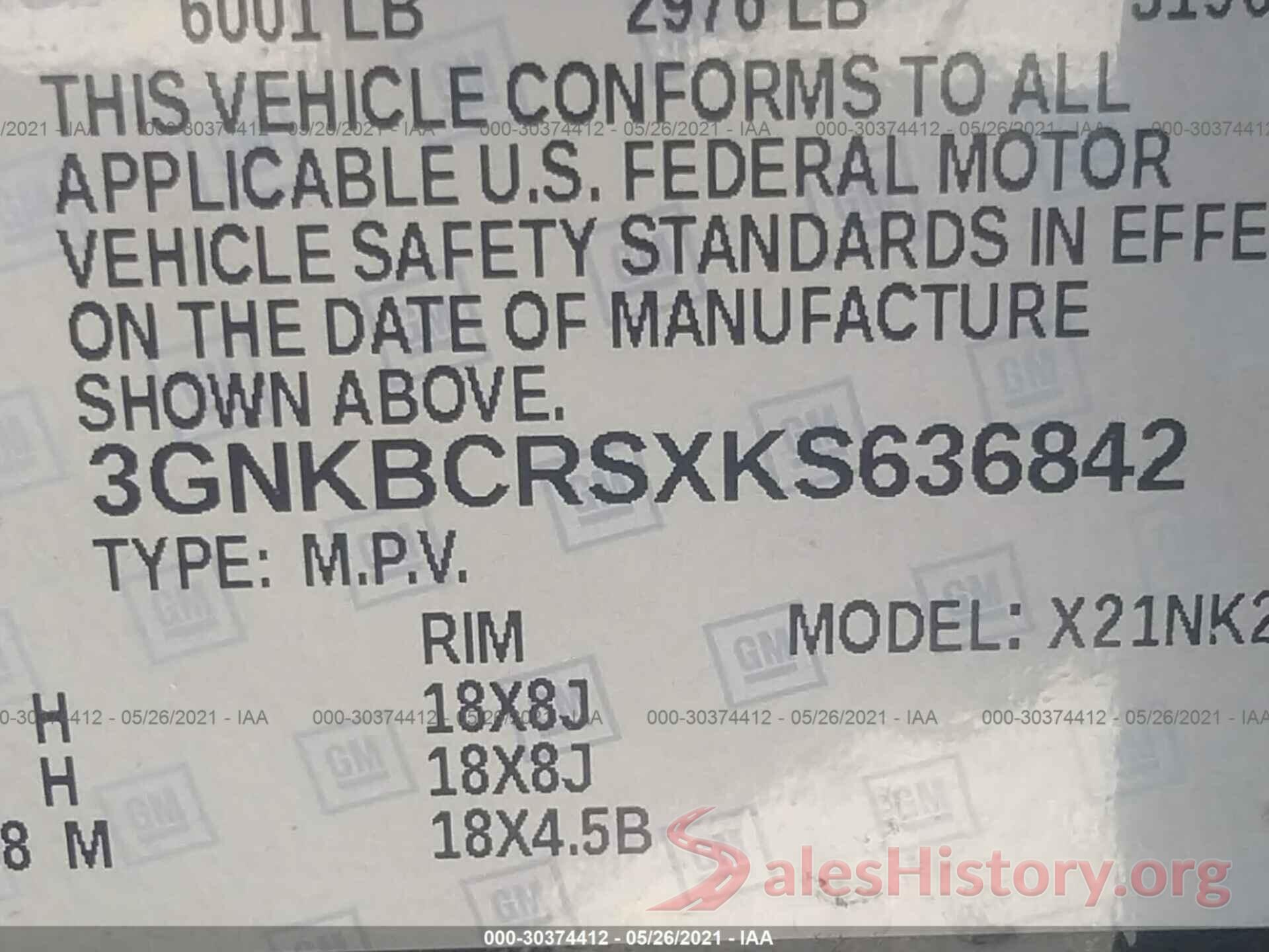 3GNKBCRSXKS636842 2019 CHEVROLET BLAZER