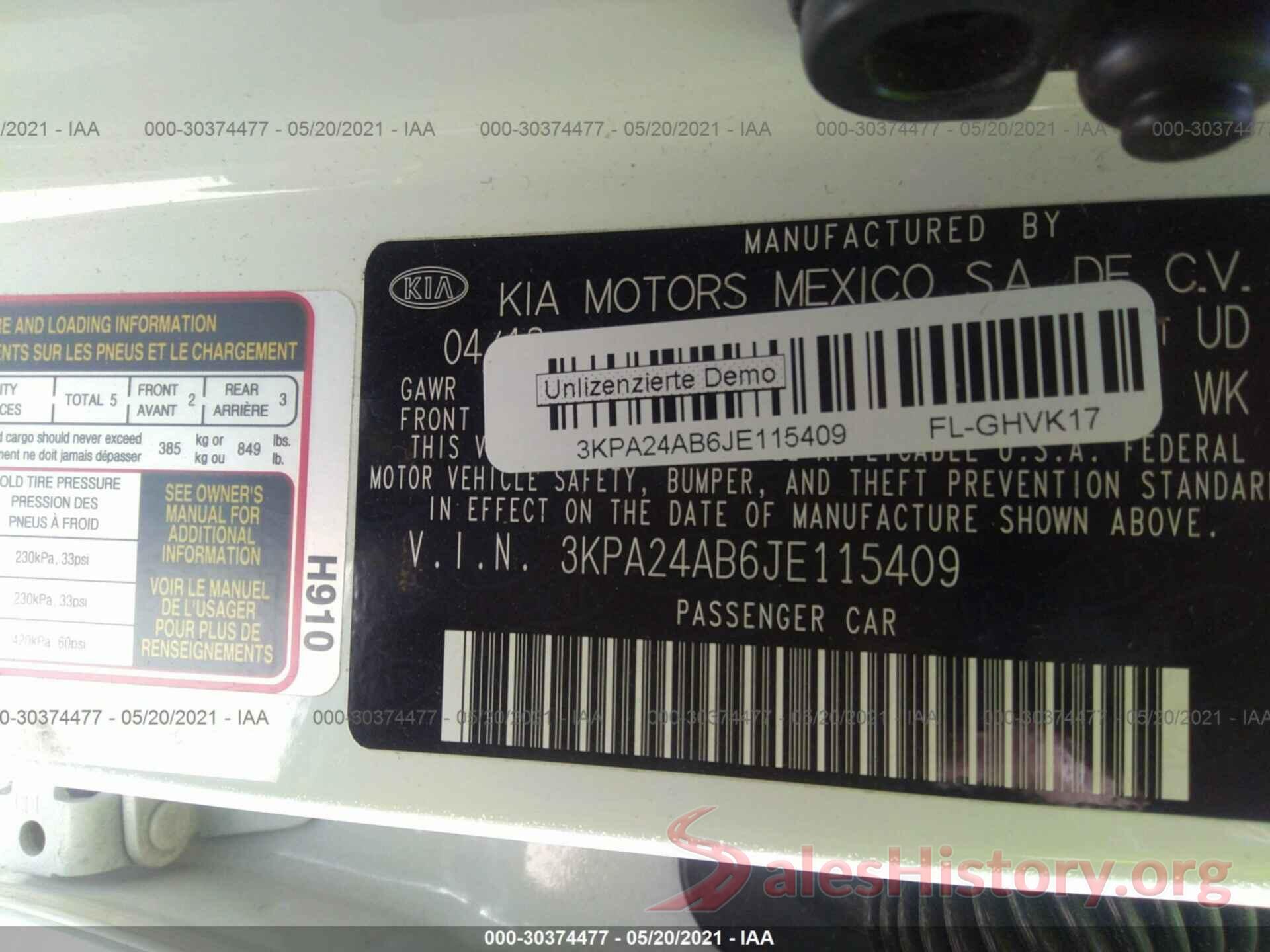 3KPA24AB6JE115409 2018 KIA RIO