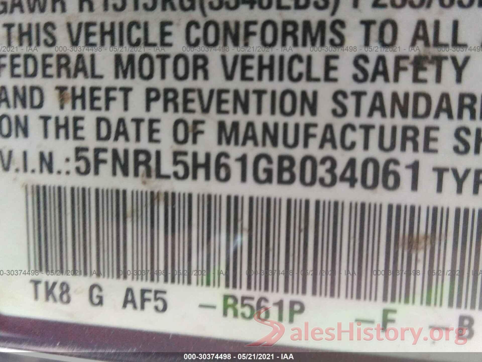 5FNRL5H61GB034061 2016 HONDA ODYSSEY