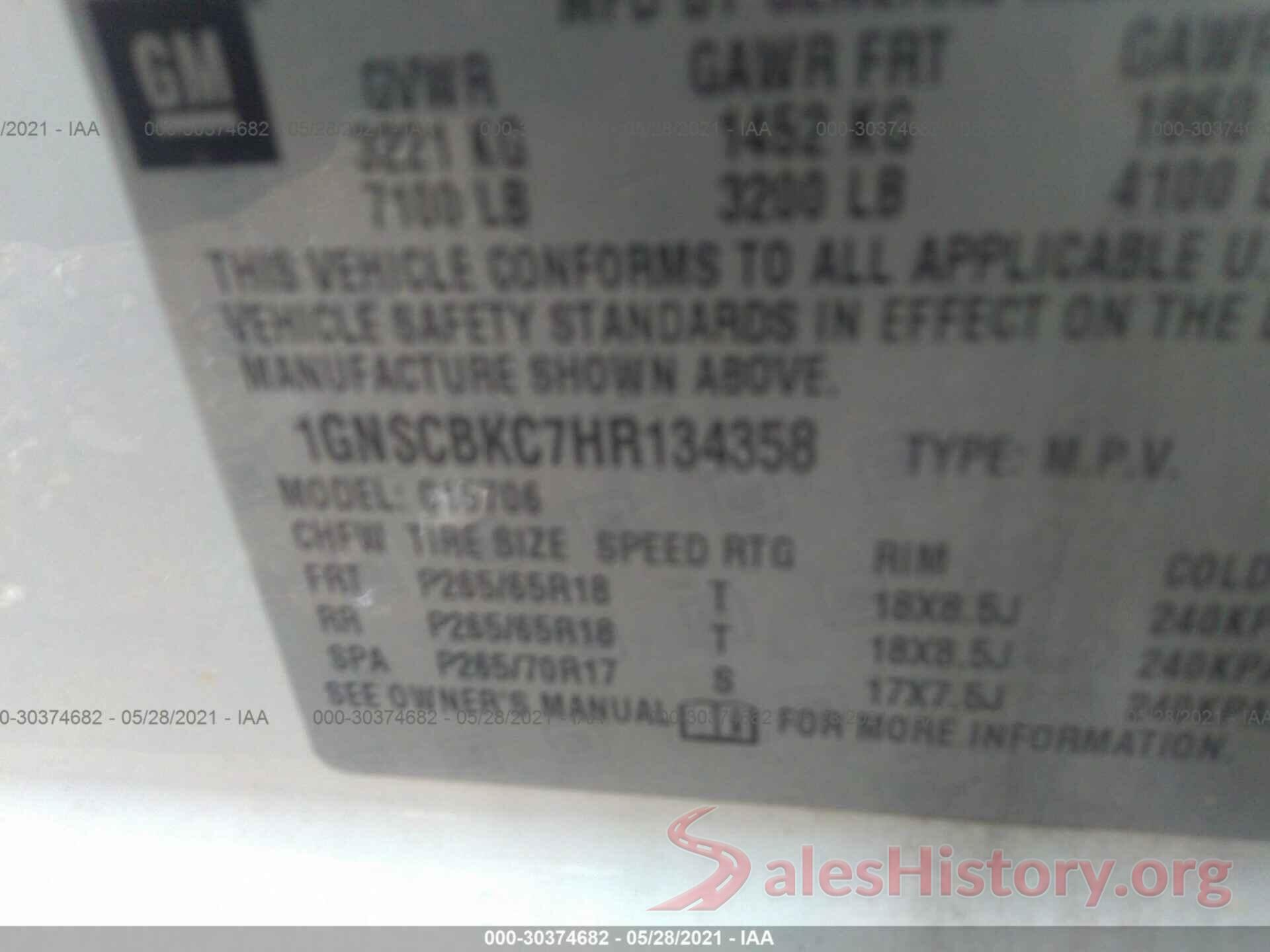 1GNSCBKC7HR134358 2017 CHEVROLET TAHOE