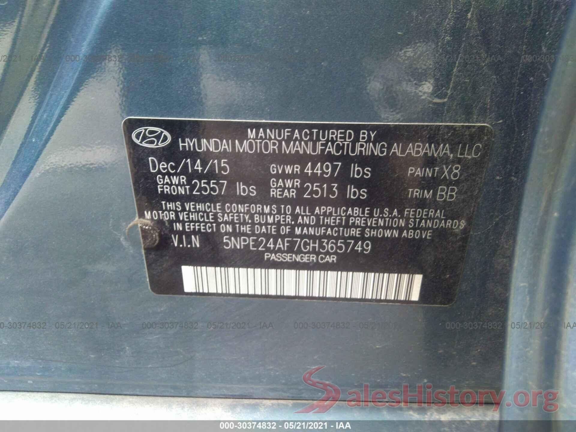 5NPE24AF7GH365749 2016 HYUNDAI SONATA