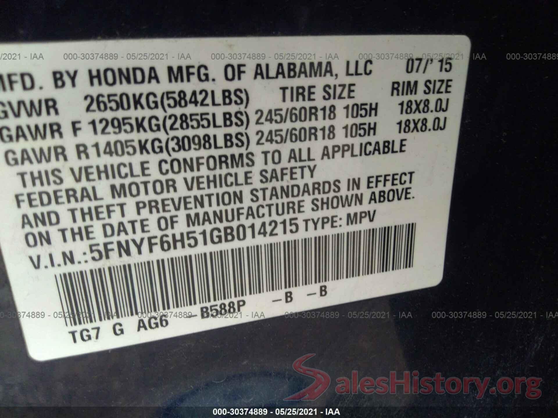 5FNYF6H51GB014215 2016 HONDA PILOT