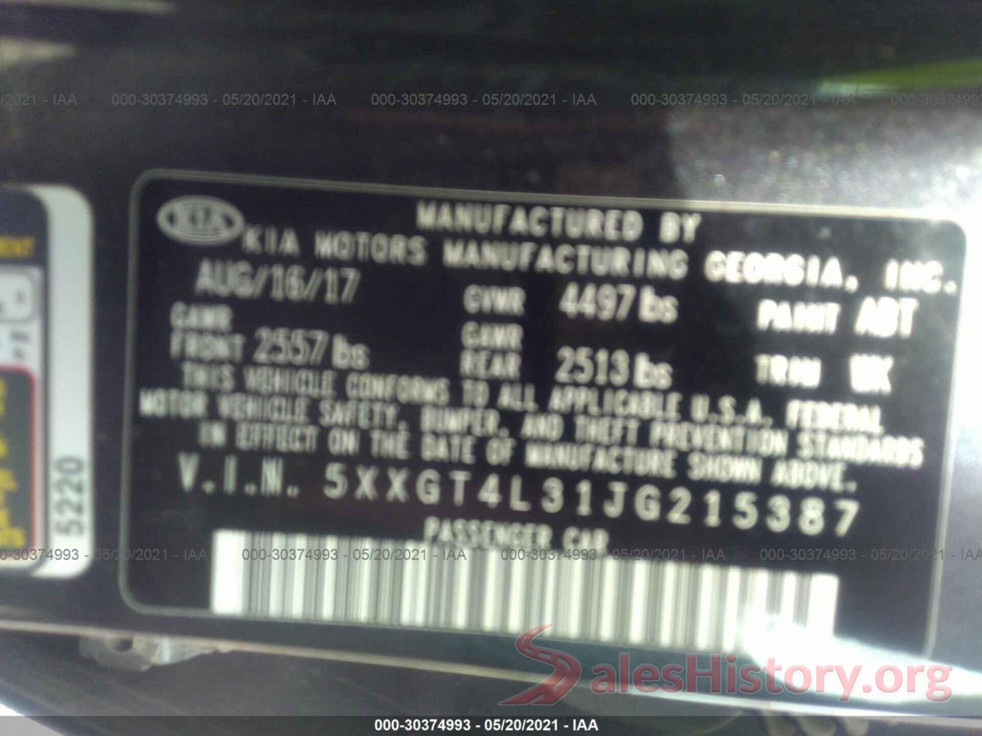 5XXGT4L31JG215387 2018 KIA OPTIMA