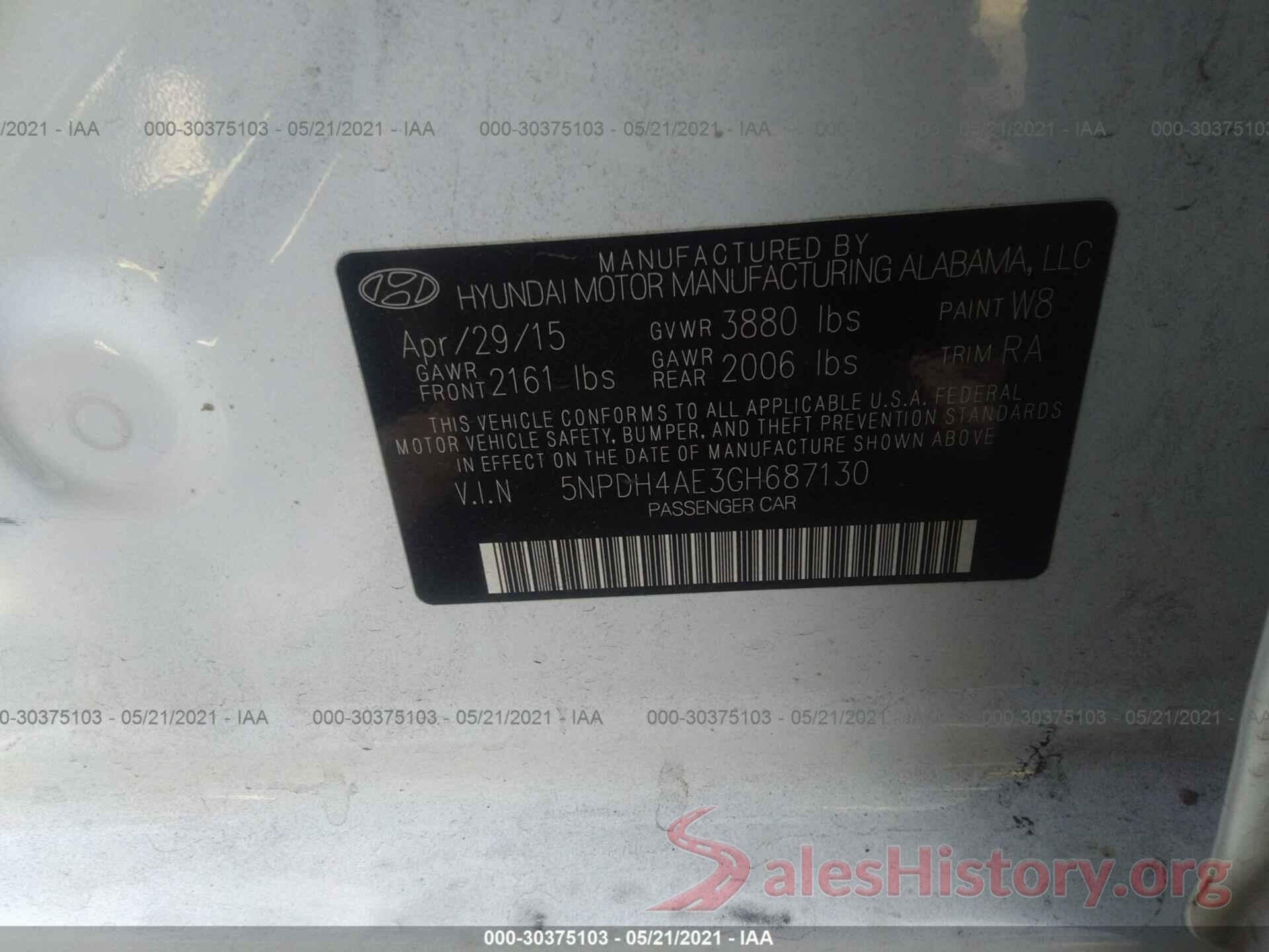 5NPDH4AE3GH687130 2016 HYUNDAI ELANTRA