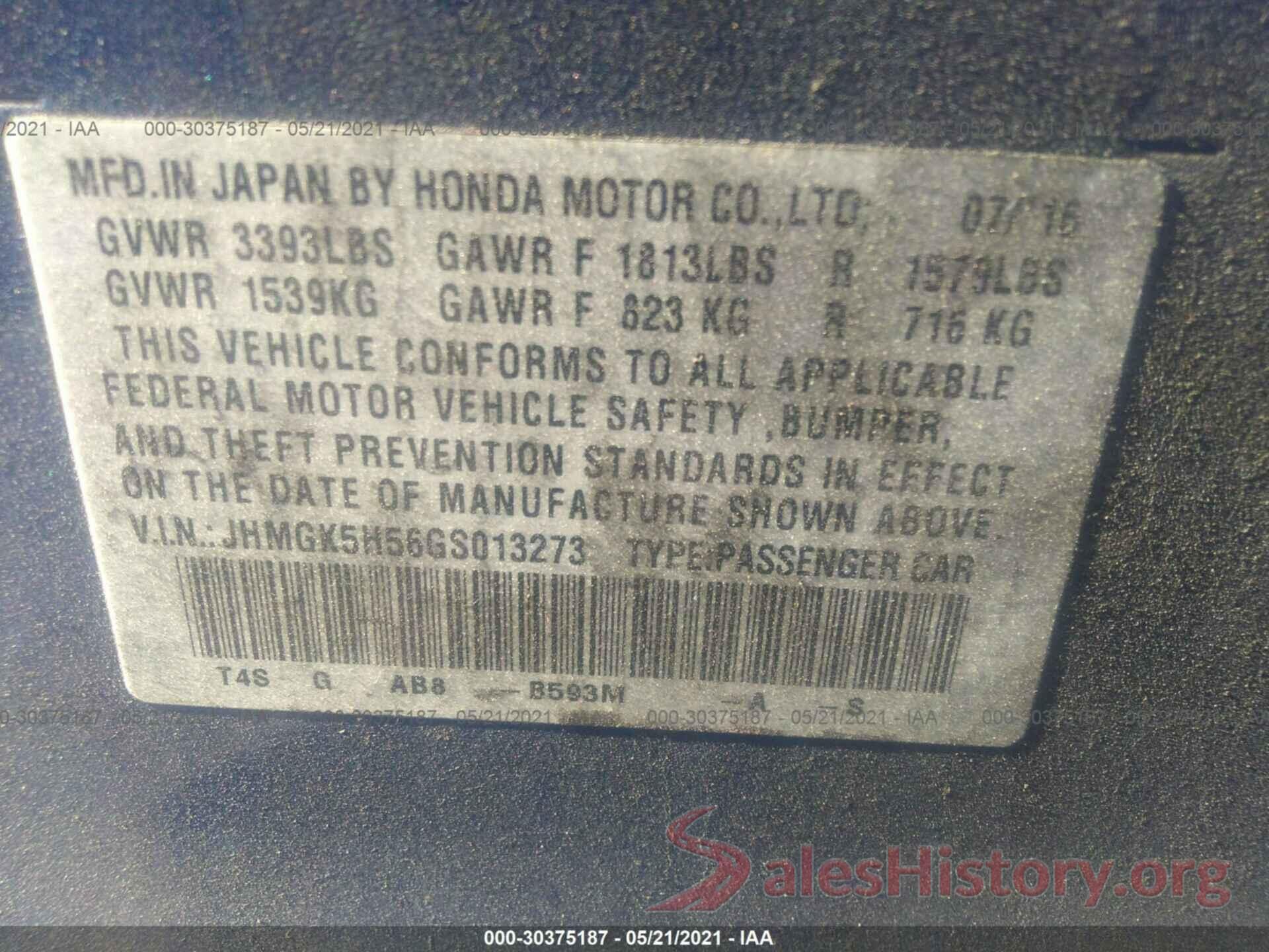 JHMGK5H56GS013273 2016 HONDA FIT