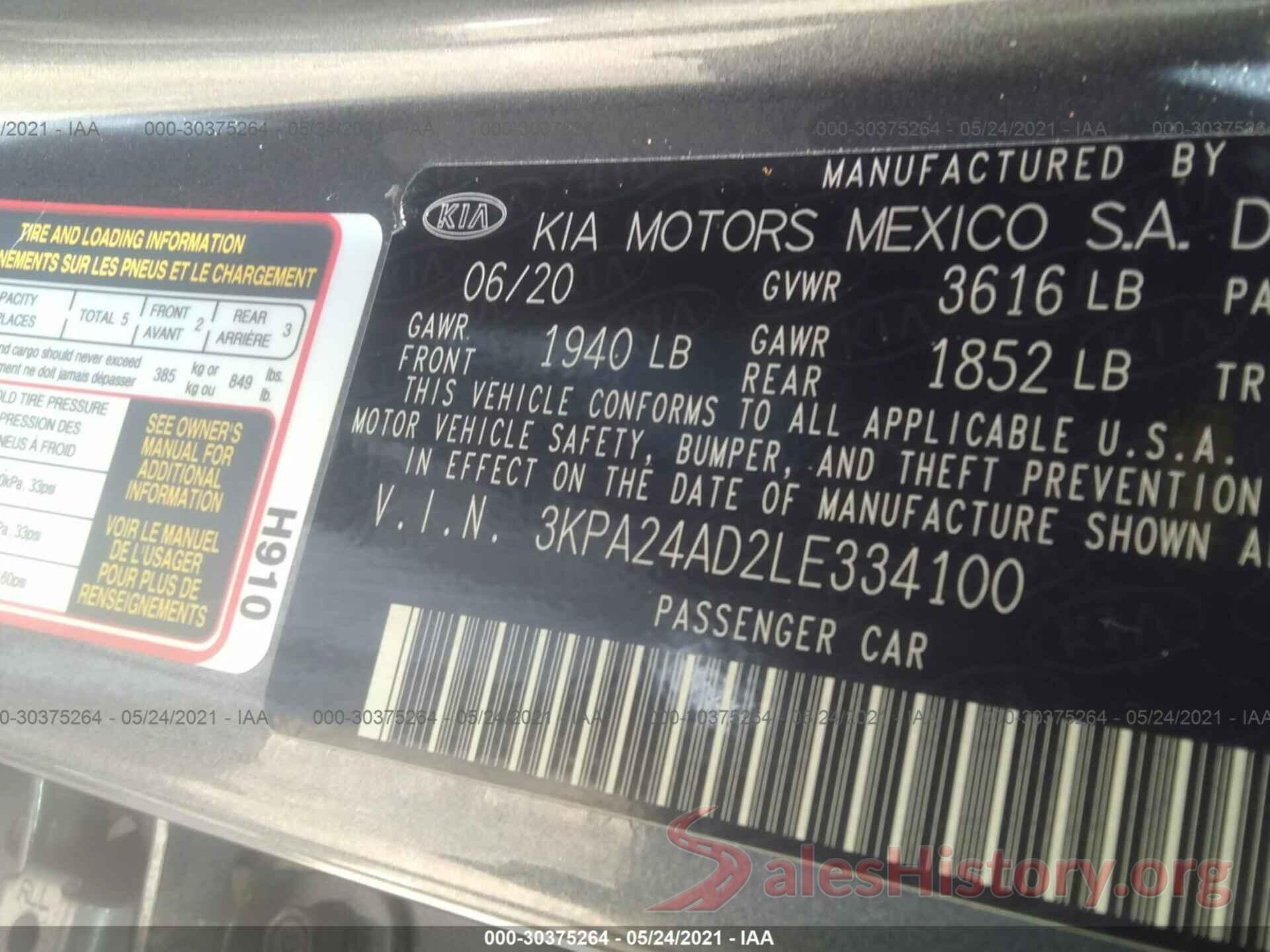 3KPA24AD2LE334100 2020 KIA RIO