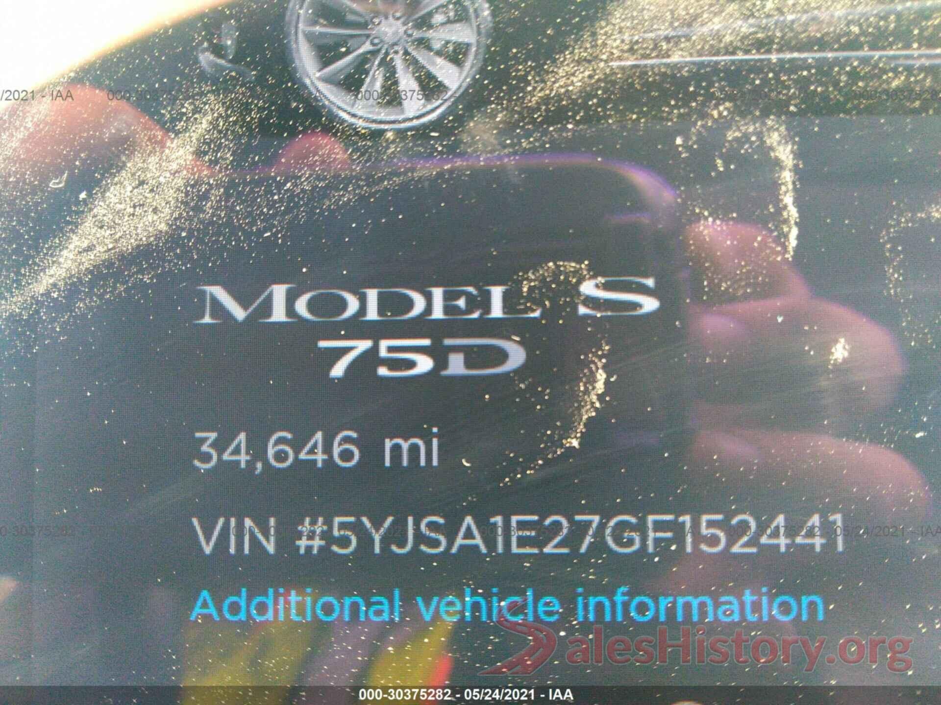 5YJSA1E27GF152441 2016 TESLA MODEL S