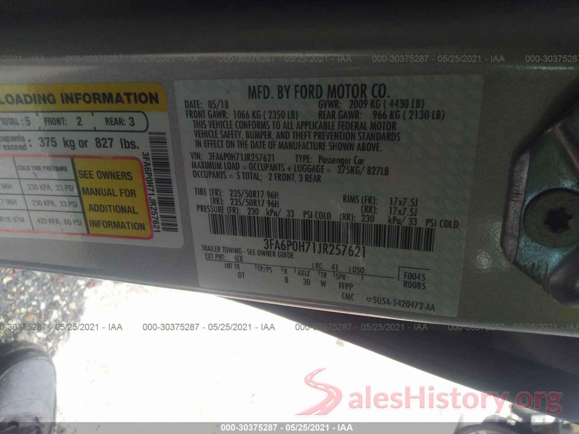 3FA6P0H71JR257621 2018 FORD FUSION