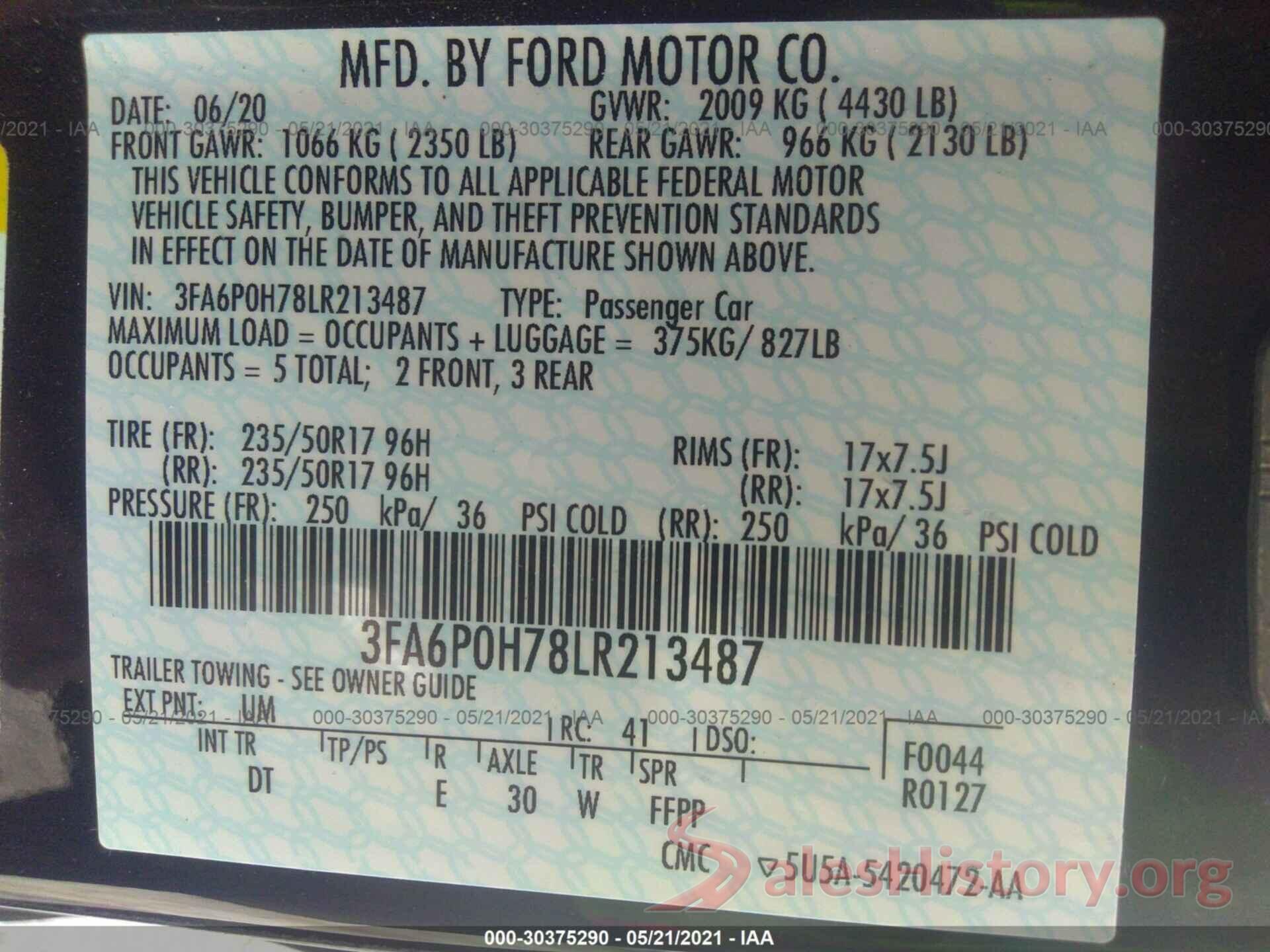 3FA6P0H78LR213487 2020 FORD FUSION