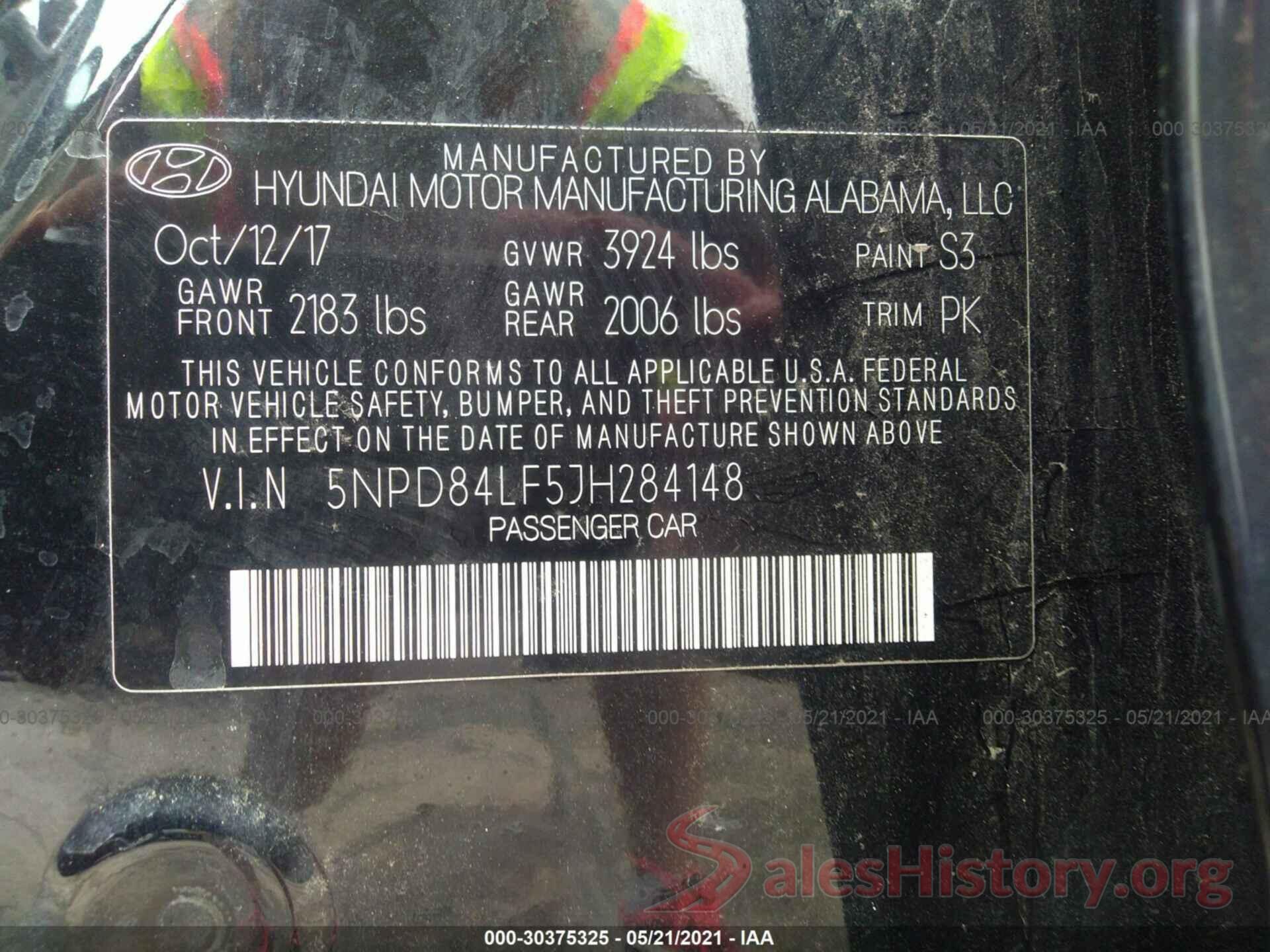 5NPD84LF5JH284148 2018 HYUNDAI ELANTRA