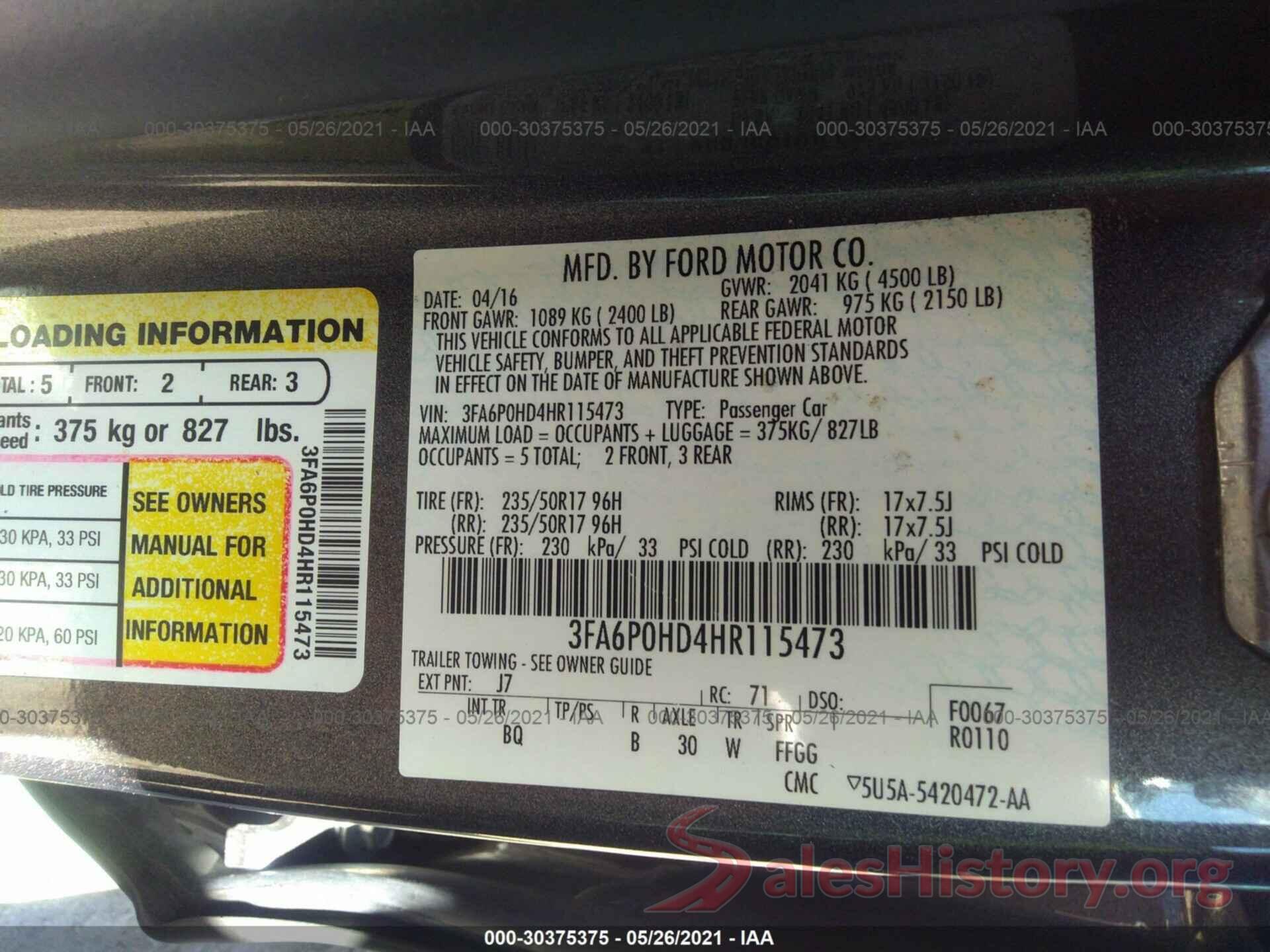 3FA6P0HD4HR115473 2017 FORD FUSION