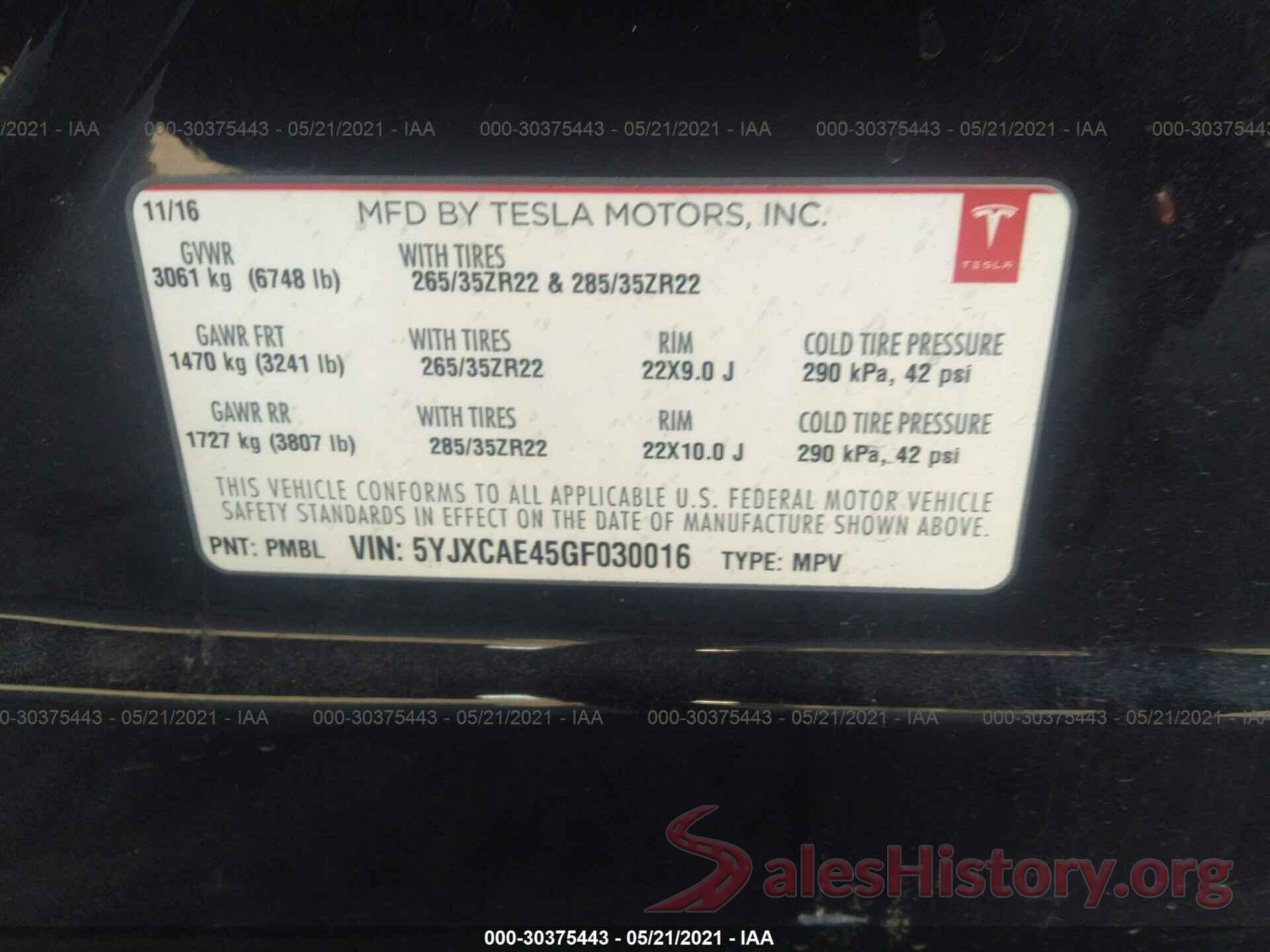 5YJXCAE45GF030016 2016 TESLA MODEL X