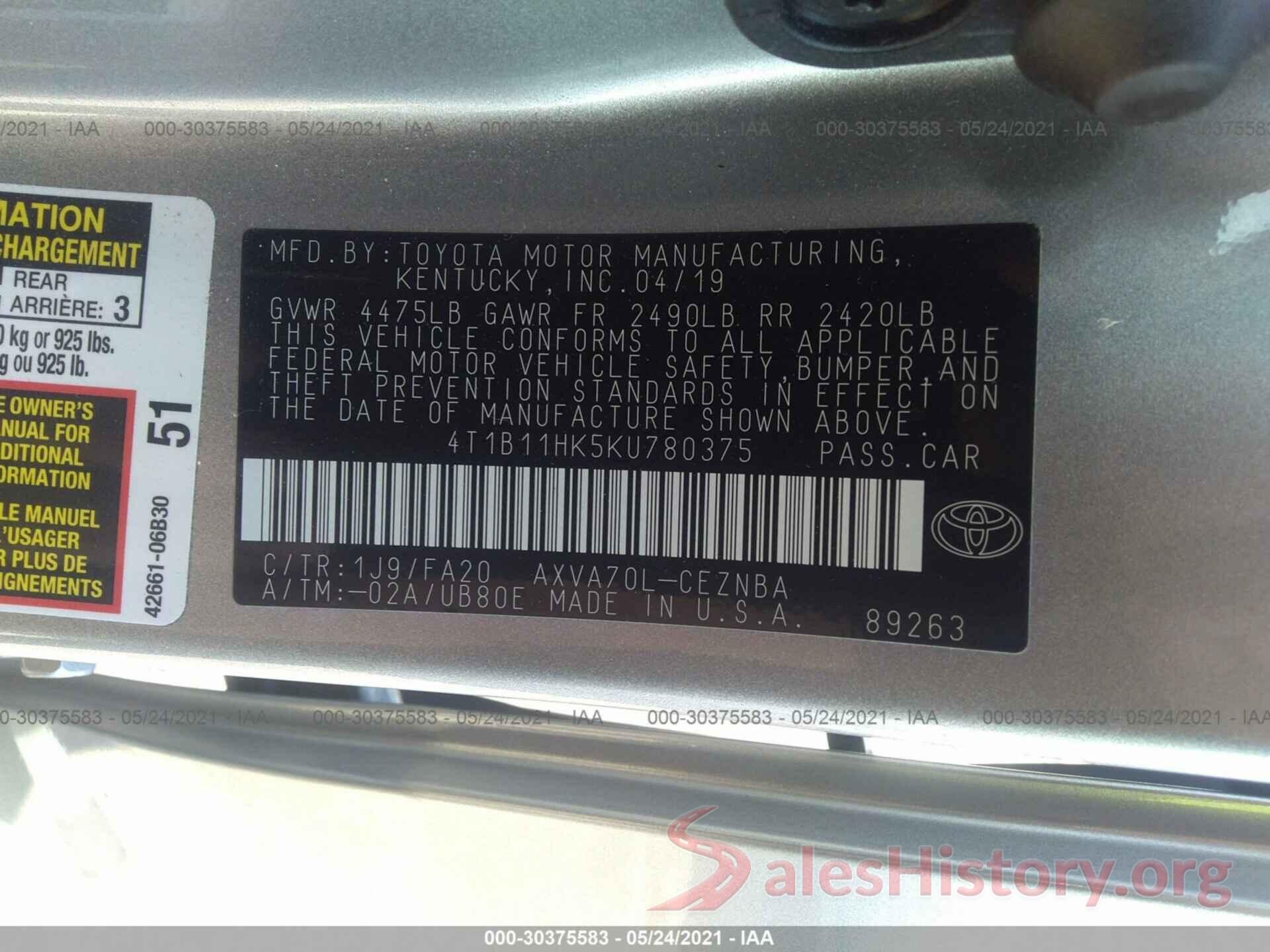 4T1B11HK5KU780375 2019 TOYOTA CAMRY