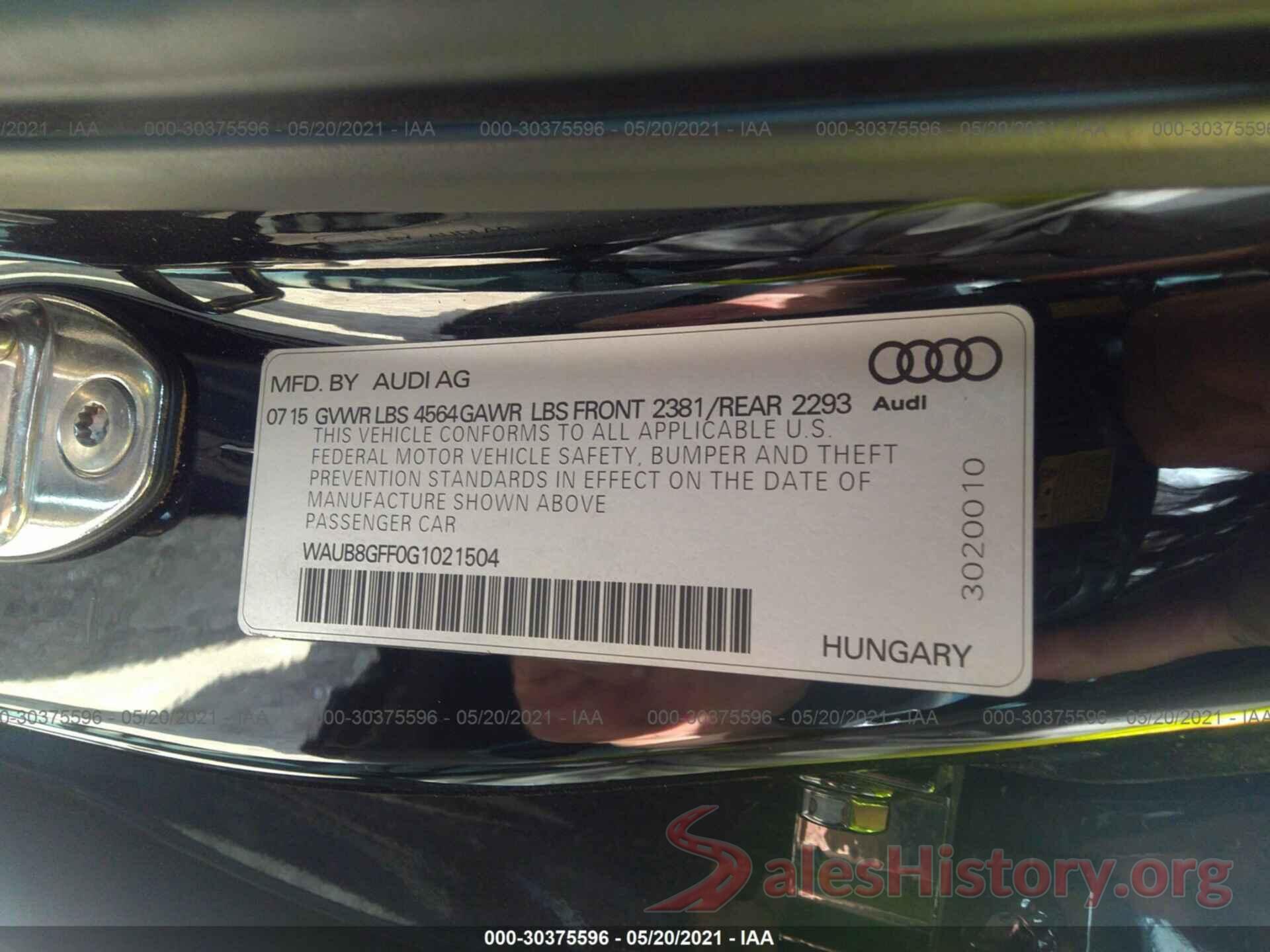 WAUB8GFF0G1021504 2016 AUDI A3