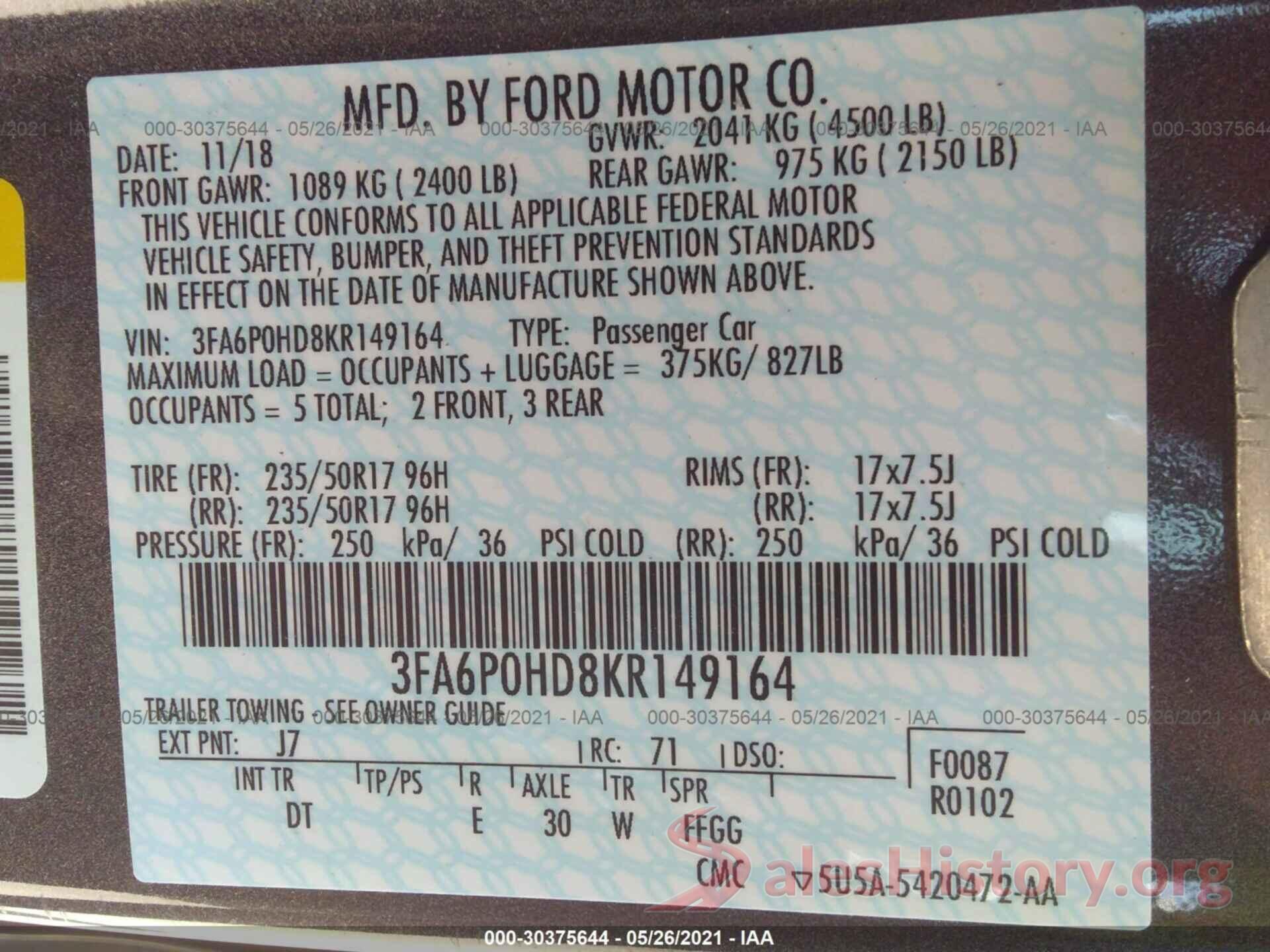 3FA6P0HD8KR149164 2019 FORD FUSION