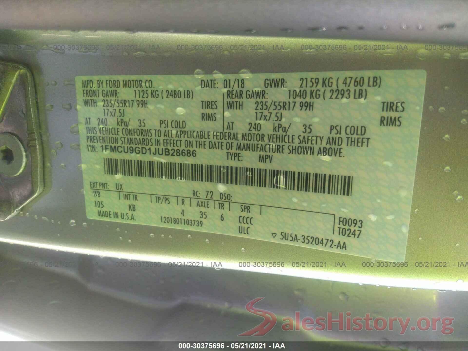 1FMCU9GD1JUB28686 2018 FORD ESCAPE