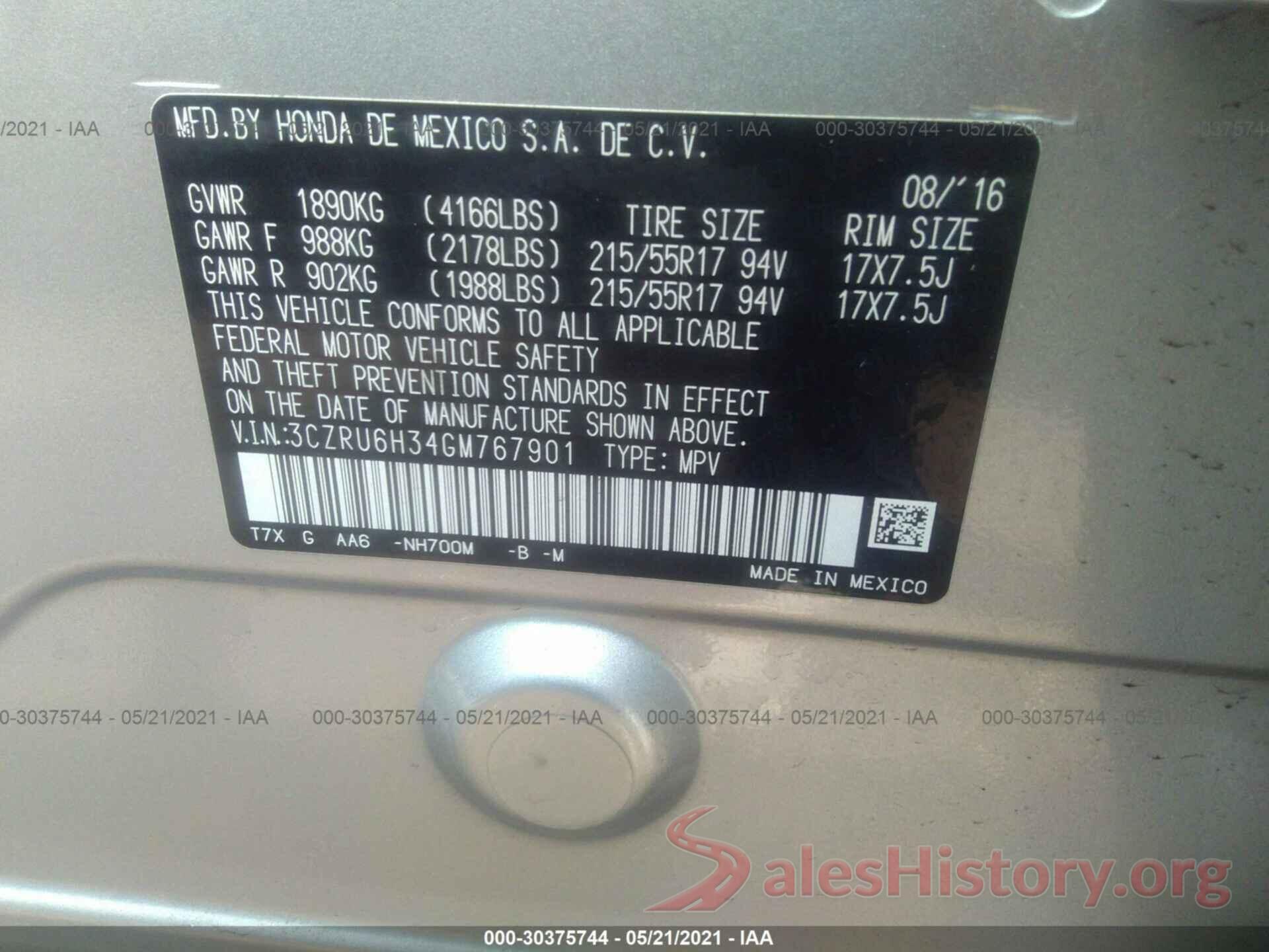 3CZRU6H34GM767901 2016 HONDA HR-V