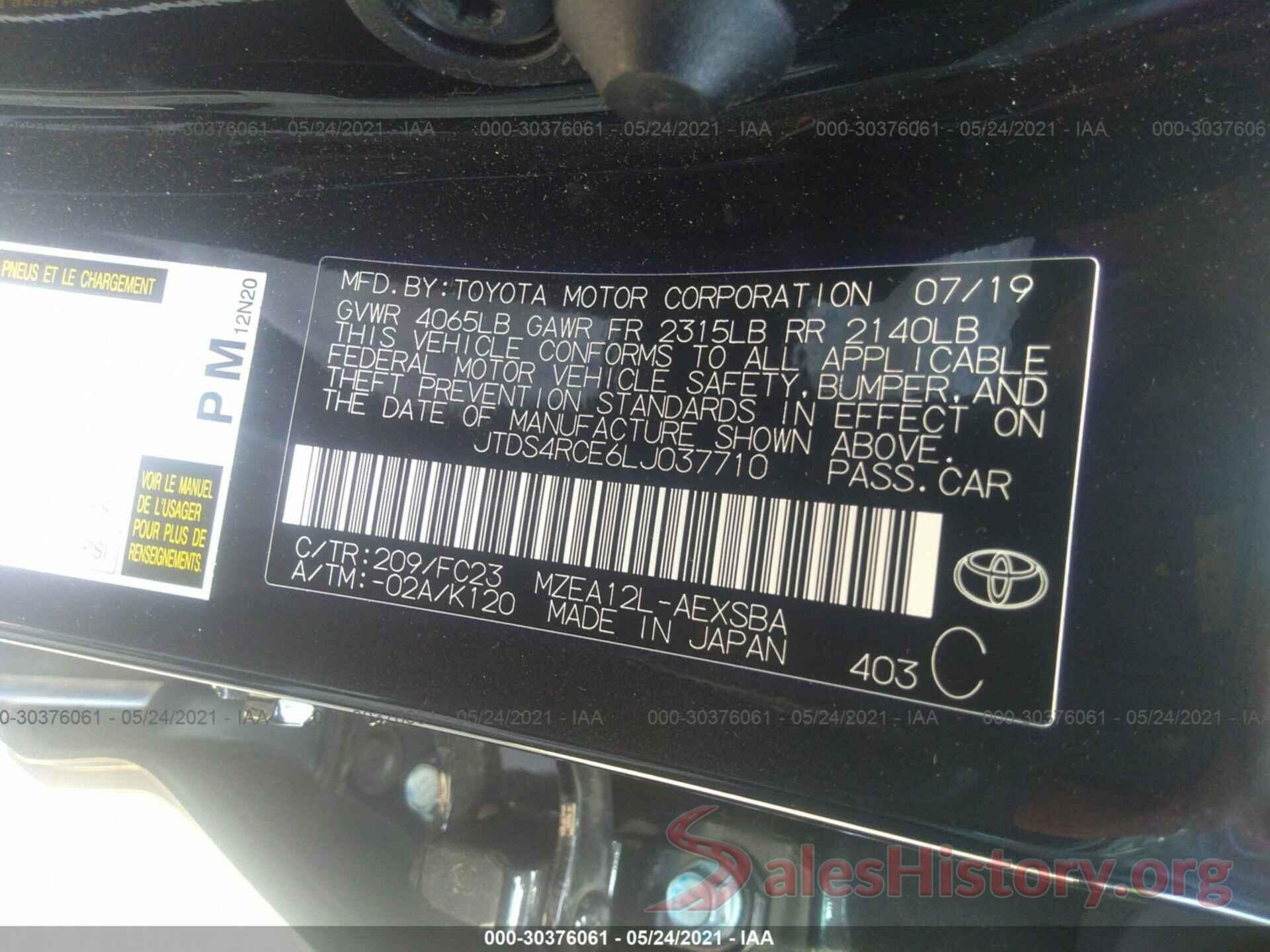 JTDS4RCE6LJ037710 2020 TOYOTA COROLLA