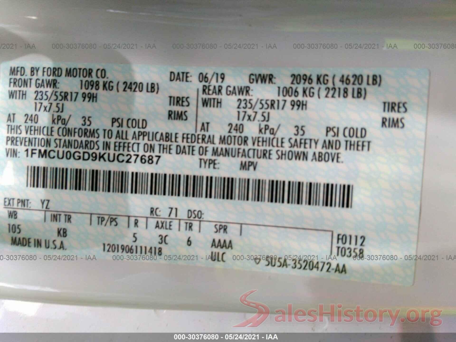 1FMCU0GD9KUC27687 2019 FORD ESCAPE