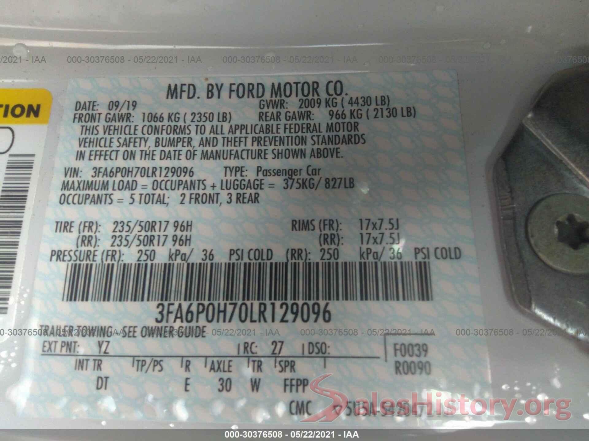 3FA6P0H70LR129096 2020 FORD FUSION