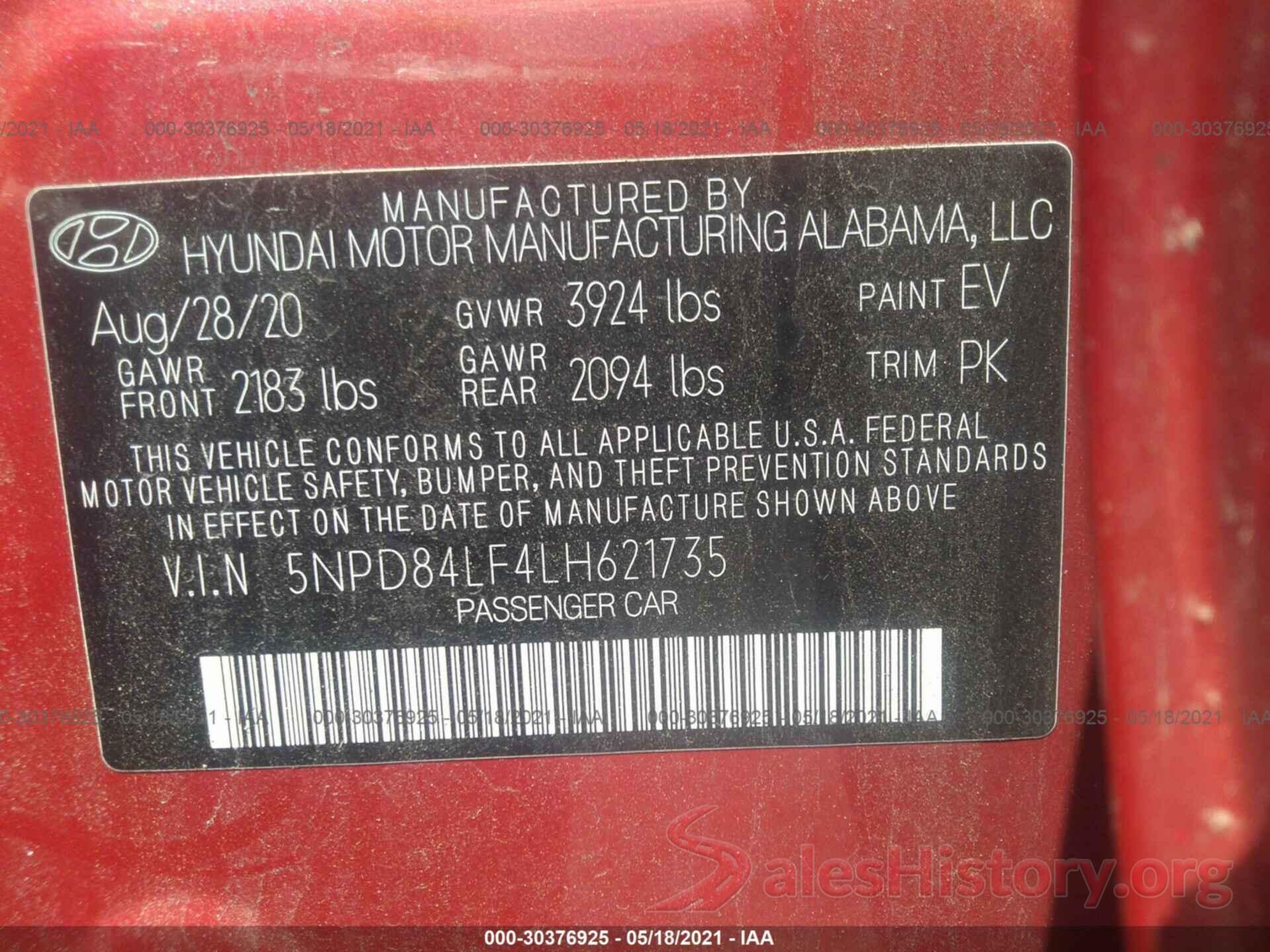 5NPD84LF4LH621735 2020 HYUNDAI ELANTRA