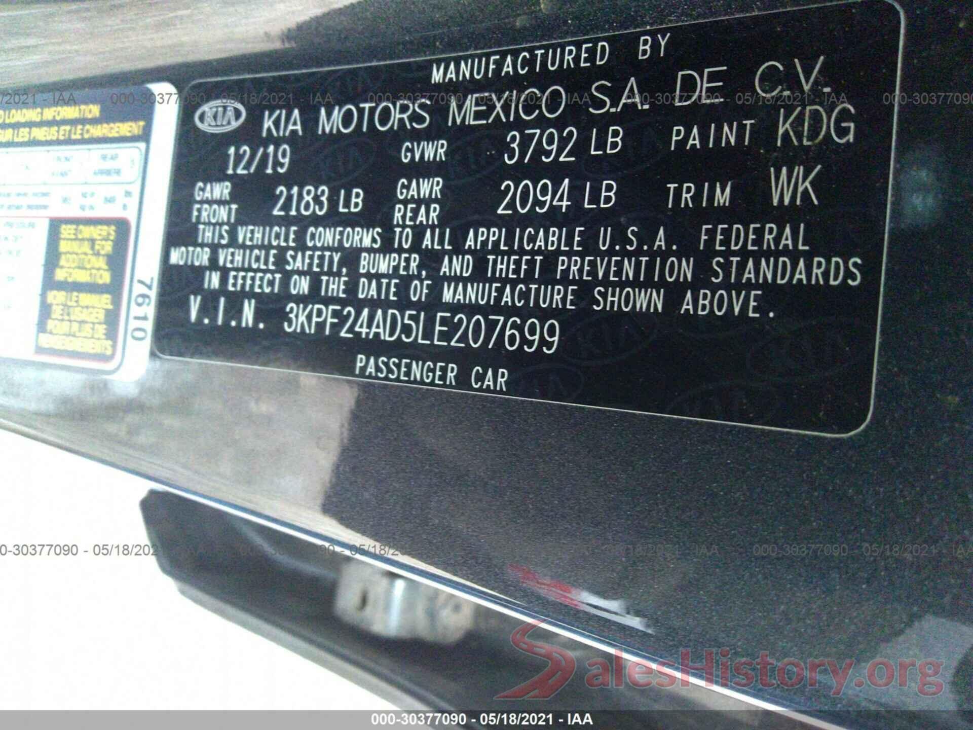 3KPF24AD5LE207699 2020 KIA FORTE