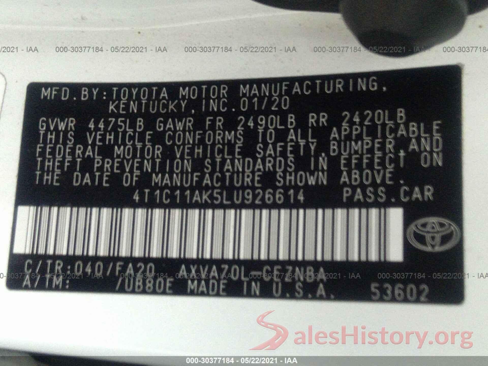 4T1C11AK5LU926614 2020 TOYOTA CAMRY