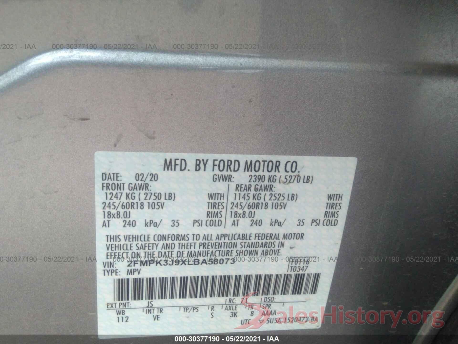 2FMPK3J9XLBA58073 2020 FORD EDGE