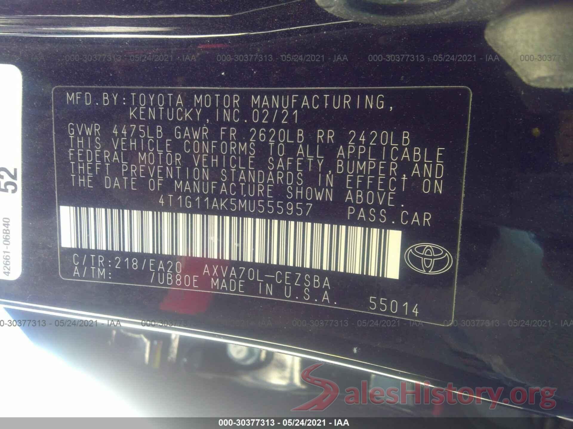 4T1G11AK5MU555957 2021 TOYOTA CAMRY