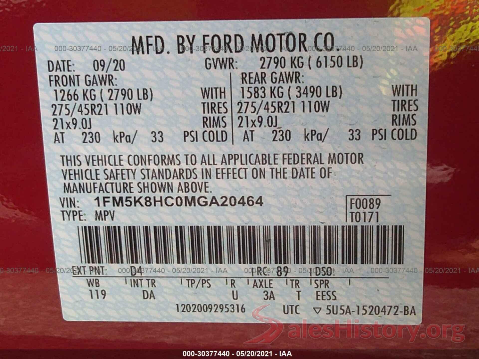 1FM5K8HC0MGA20464 2021 FORD EXPLORER