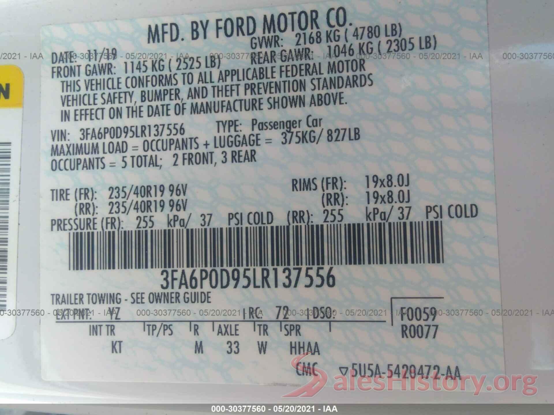 3FA6P0D95LR137556 2020 FORD FUSION