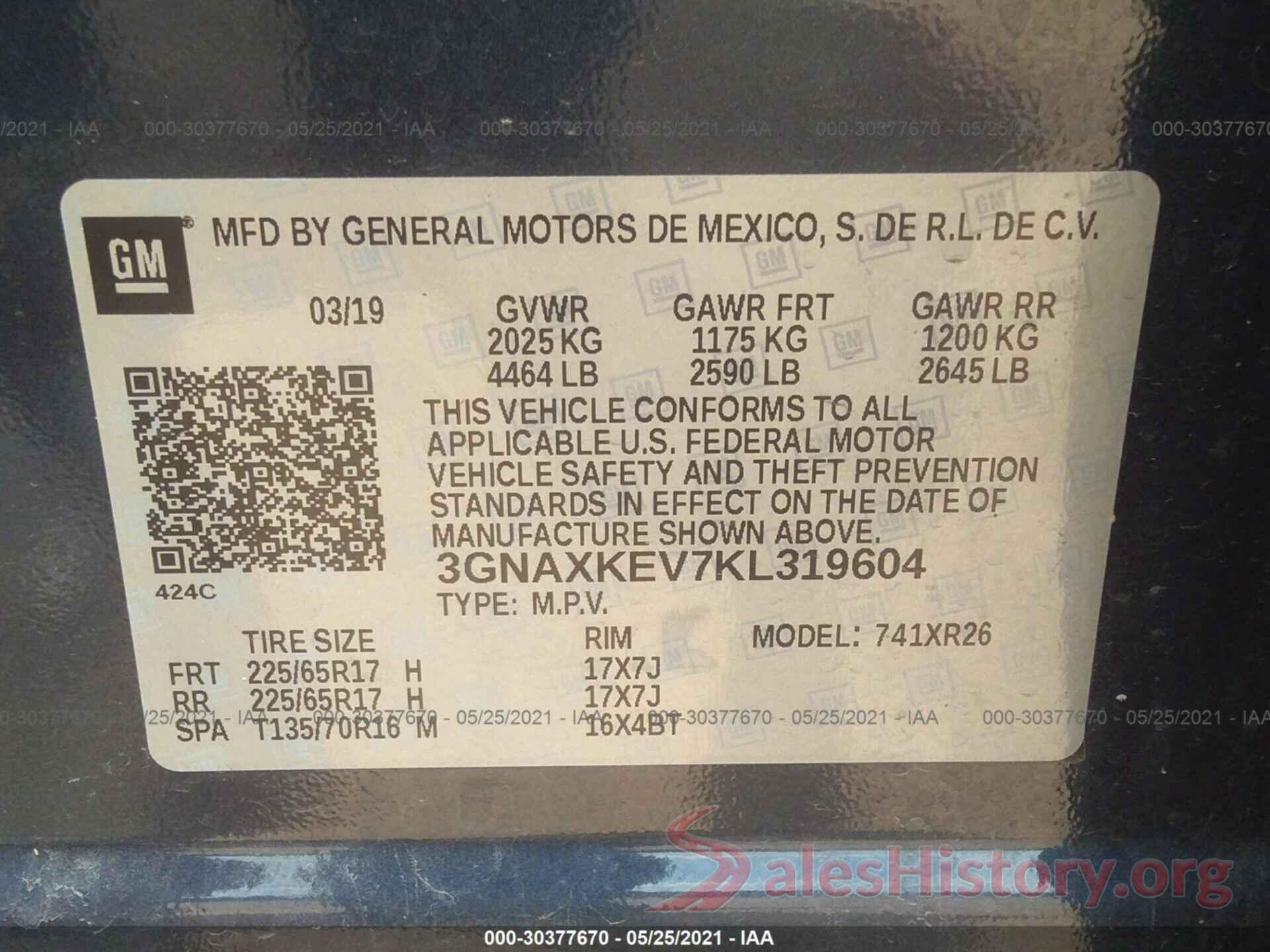 3GNAXKEV7KL319604 2019 CHEVROLET EQUINOX