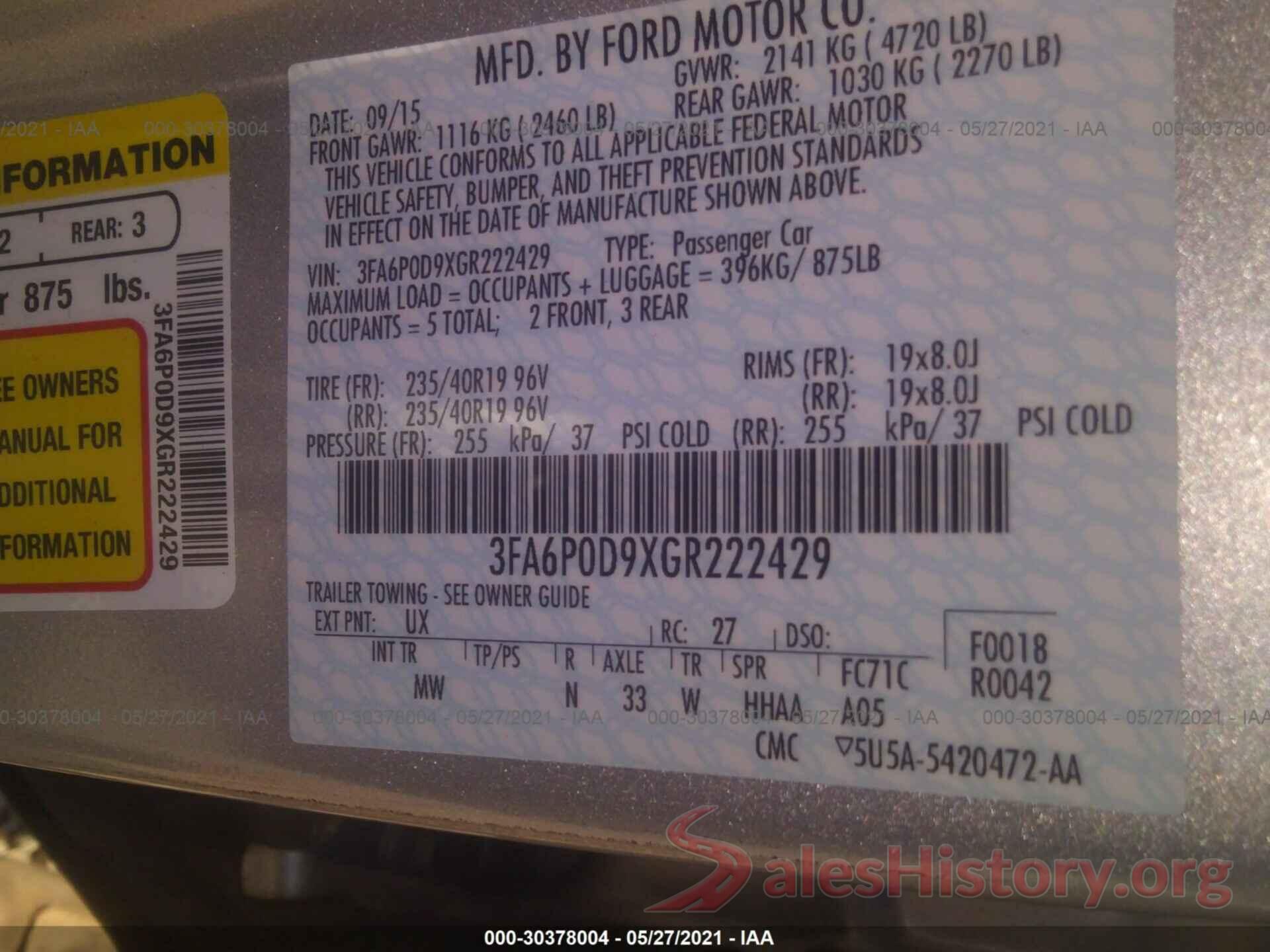 3FA6P0D9XGR222429 2016 FORD FUSION