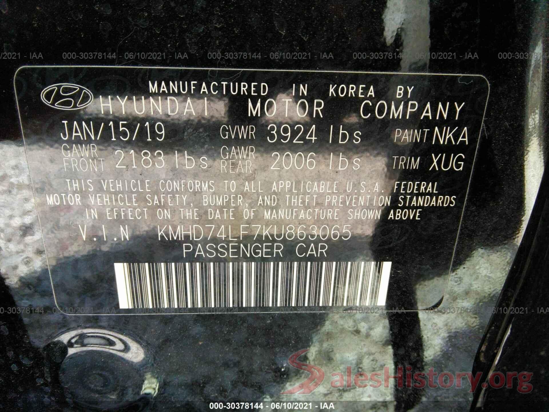 KMHD74LF7KU863065 2019 HYUNDAI ELANTRA