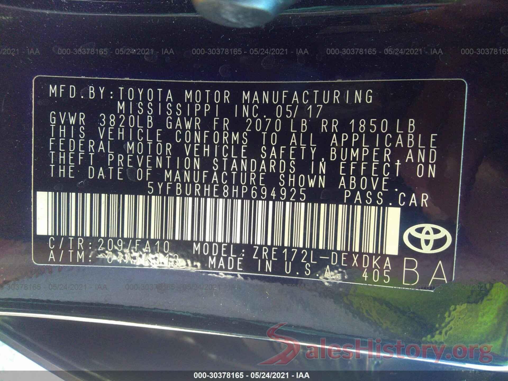 5YFBURHE8HP694925 2017 TOYOTA COROLLA