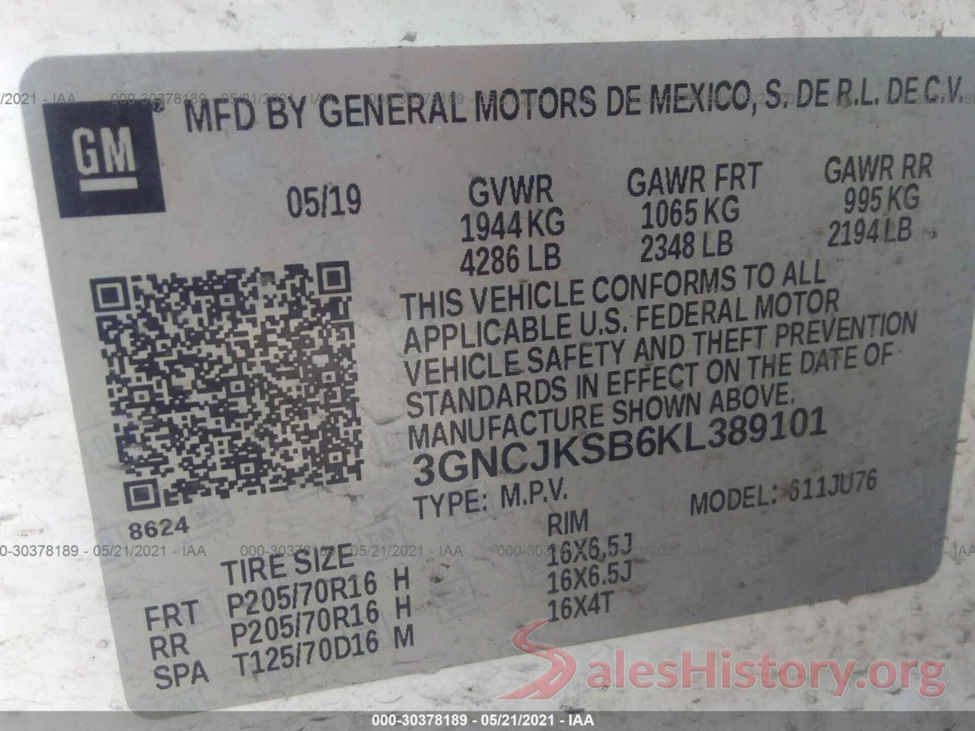 3GNCJKSB6KL389101 2019 CHEVROLET TRAX