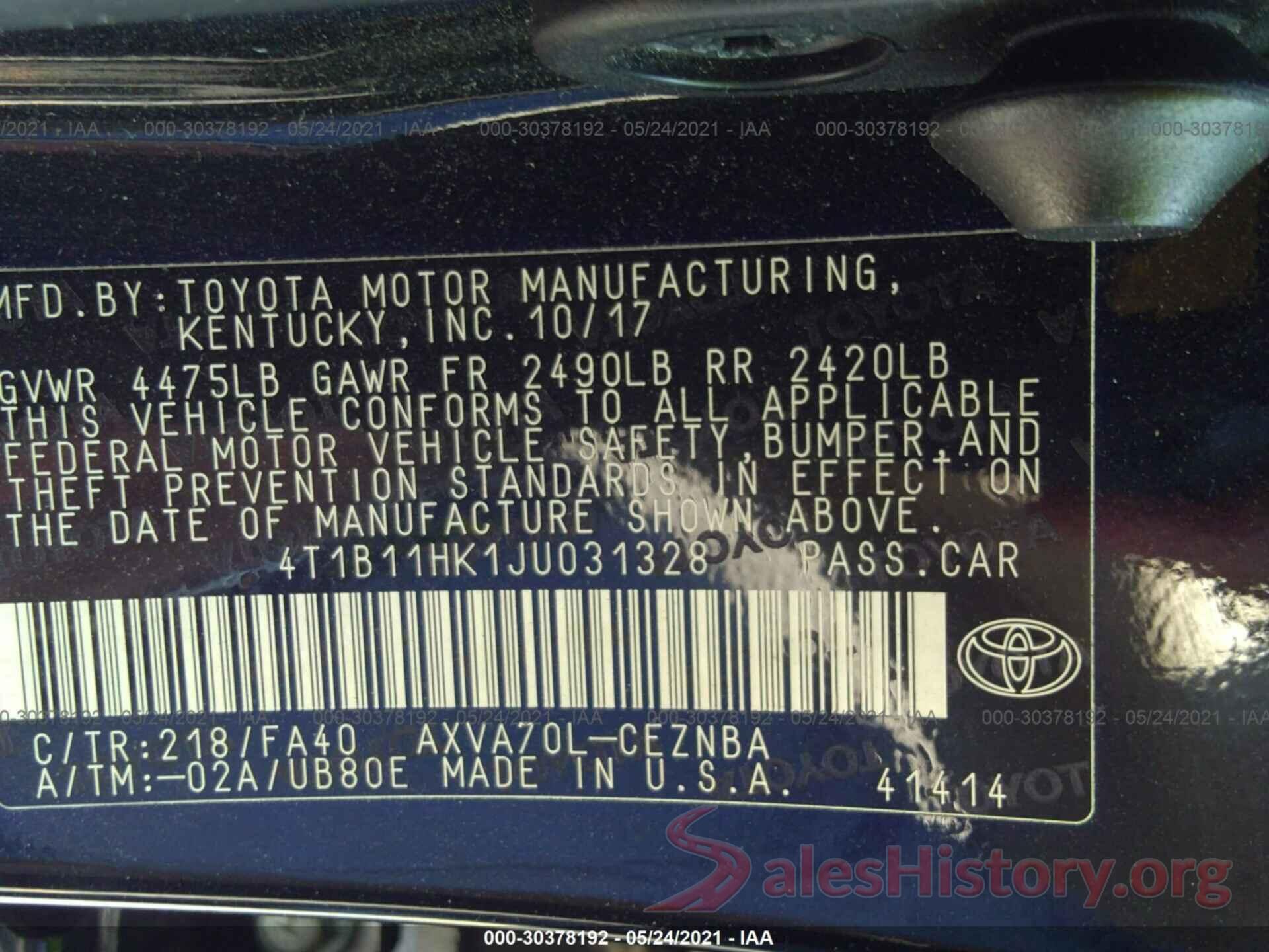 4T1B11HK1JU031328 2018 TOYOTA CAMRY