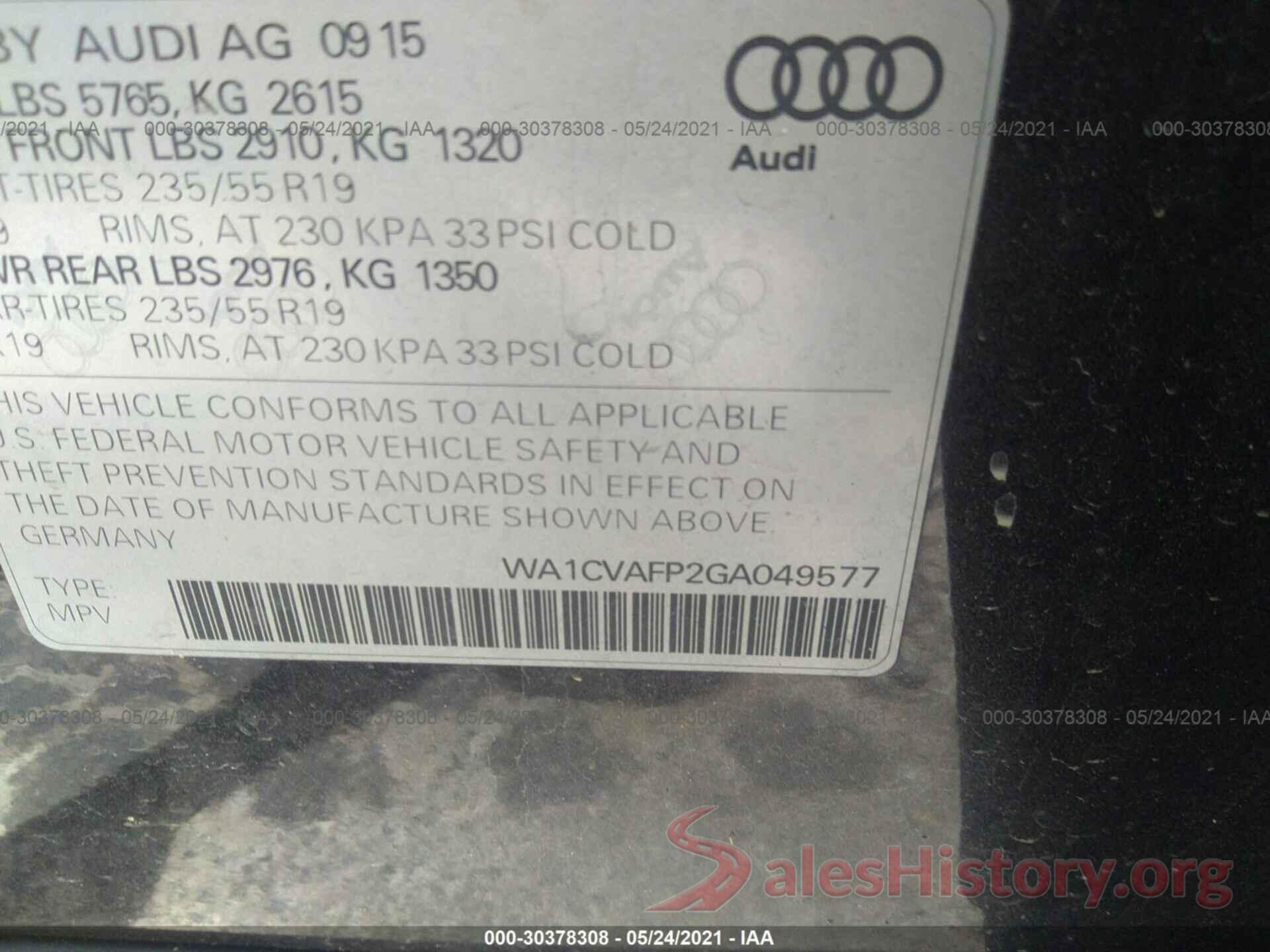 WA1CVAFP2GA049577 2016 AUDI Q5