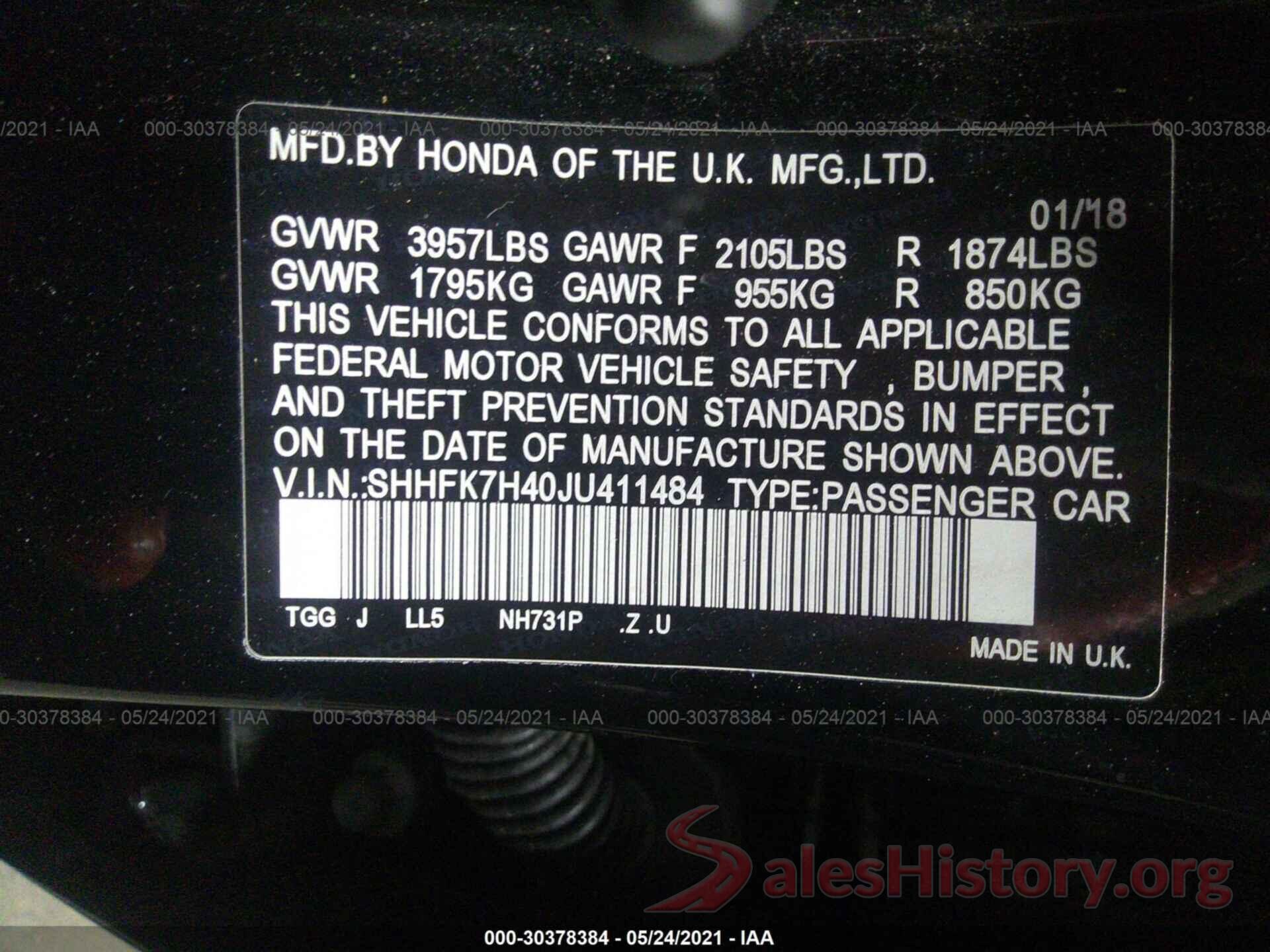 SHHFK7H40JU411484 2018 HONDA CIVIC HATCHBACK