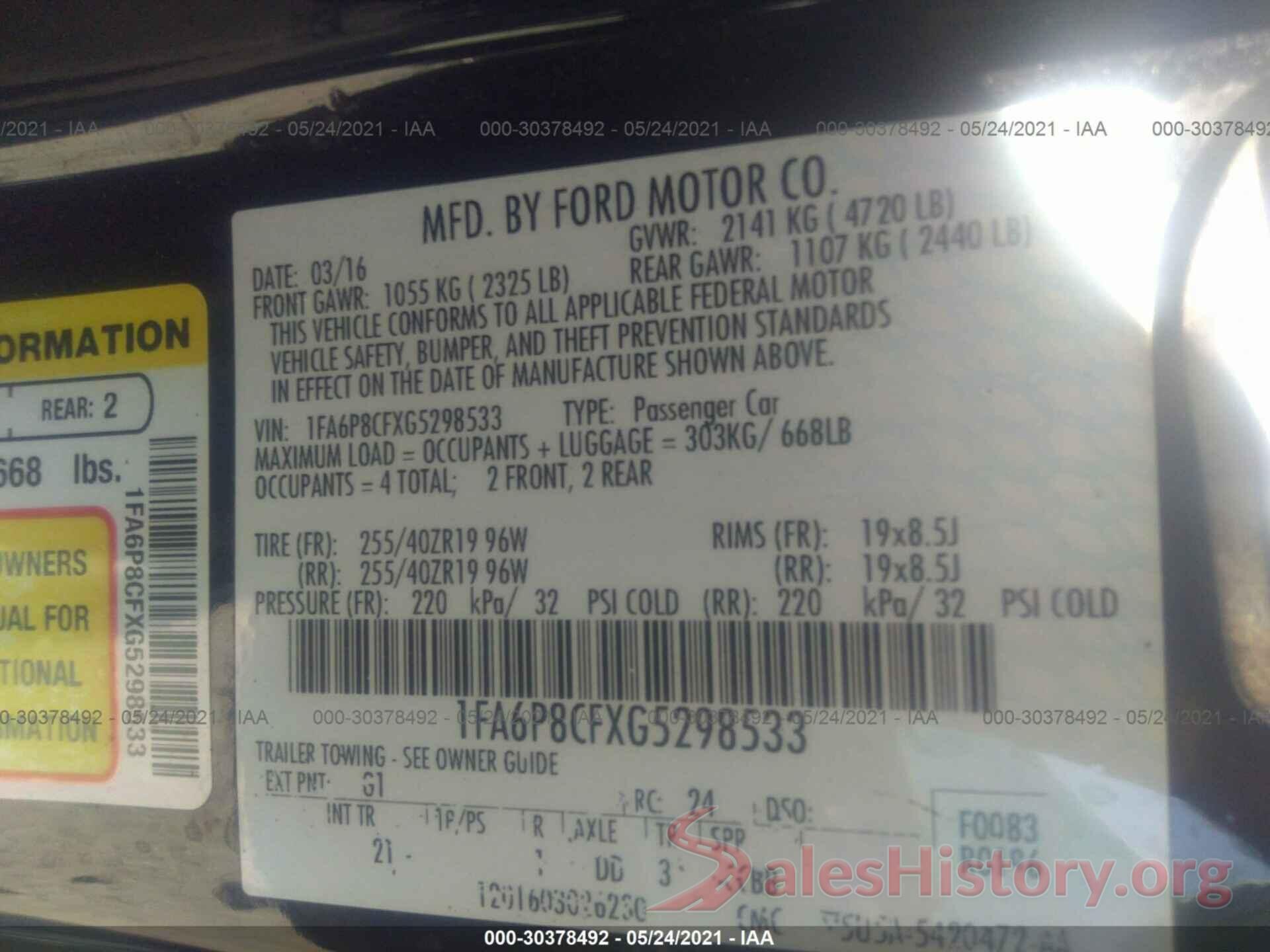 1FA6P8CFXG5298533 2016 FORD MUSTANG